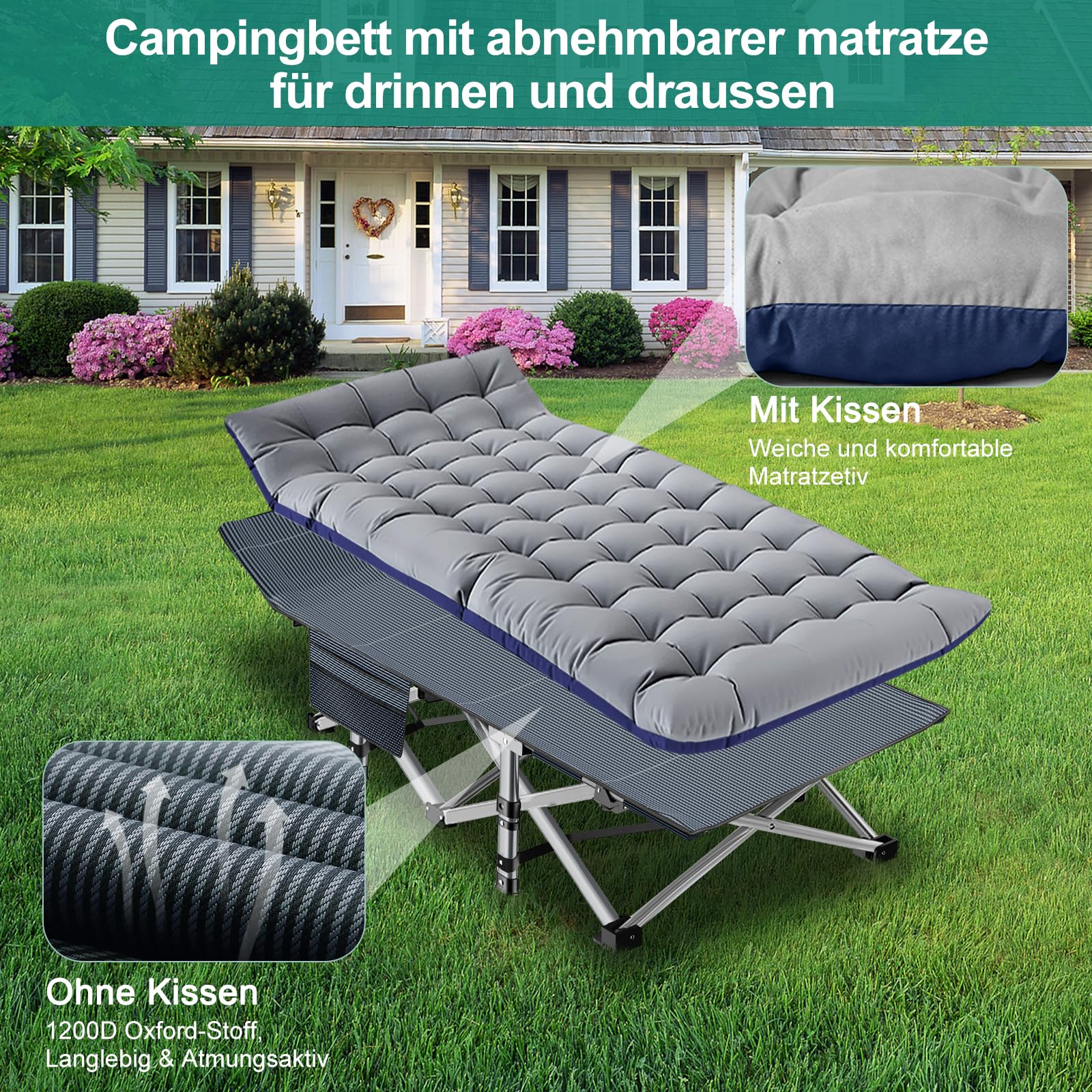 Lit de camping pliable avec matelas et poches latérales, capacité de charge 200KG, lit pliant pour invités, cadre en acier et toile Oxford, lit de camp pliable, 190 x 71 x 36 cm, convient pour