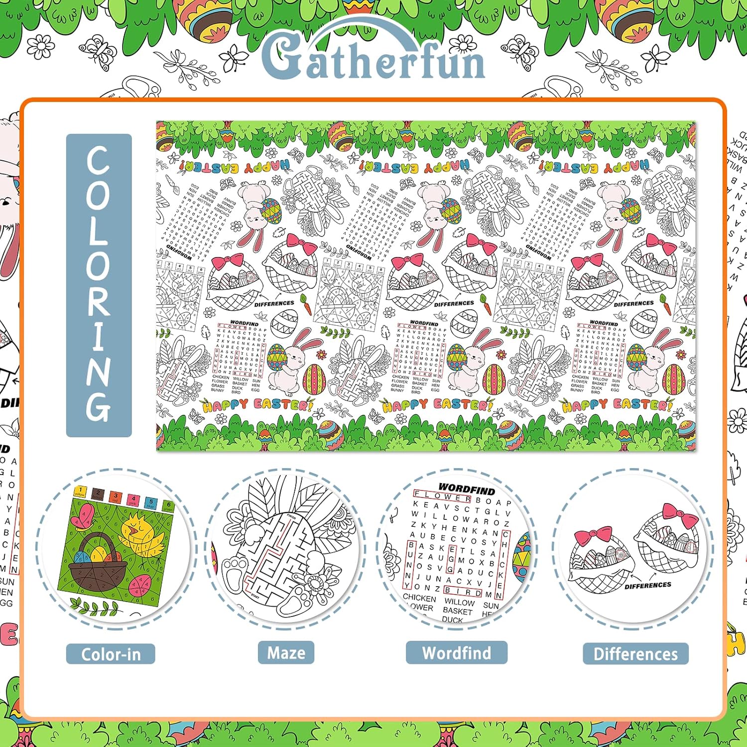 Gatherfun Disposable Easter Color-in Paper Tablecloth Decoration，Happy Easter Paper Table Cover for Children School Party Decor-54 x 88 in，1 pcs