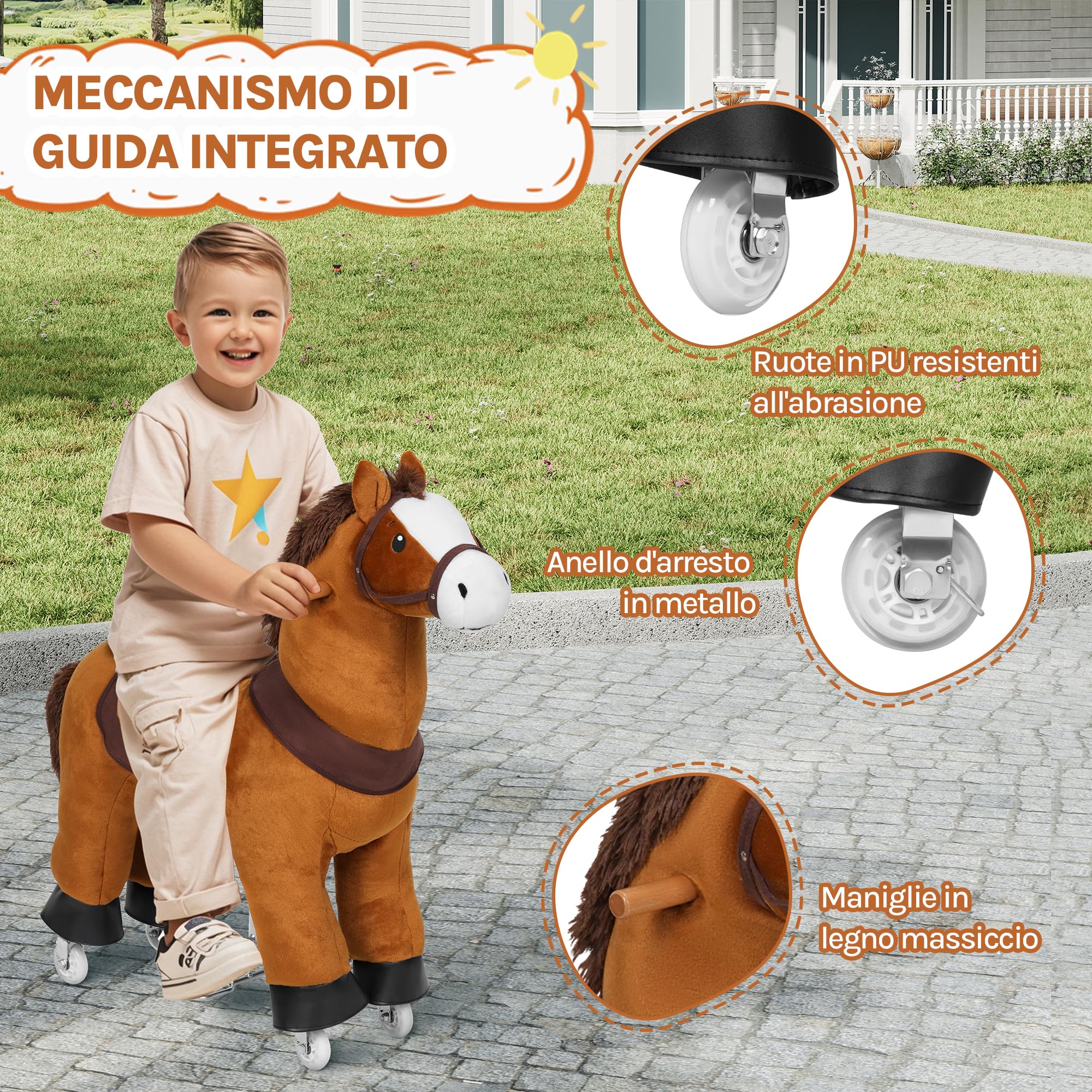 WOLTU Cavallo a Dondolo su Ruote per Bambini, Cavalluccio Cavalcabile in Peluche con Suoni, per Interni ed Esterni, Giocattolo da 4 Anni, Struttura in Legno e Metallo, Marrone