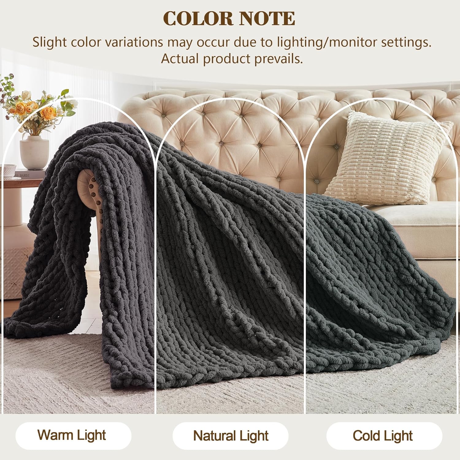 Carriediosa Chunky Knit Throw Blanket 50" X 60", 100% Hand Made Large Chenille Loop Yarn Soft Fluffy Throws for Couch Sofa Bed, Big Crochet Cozy Heavy Thick Cable Woven Blankets, Dark Grey - Image 2