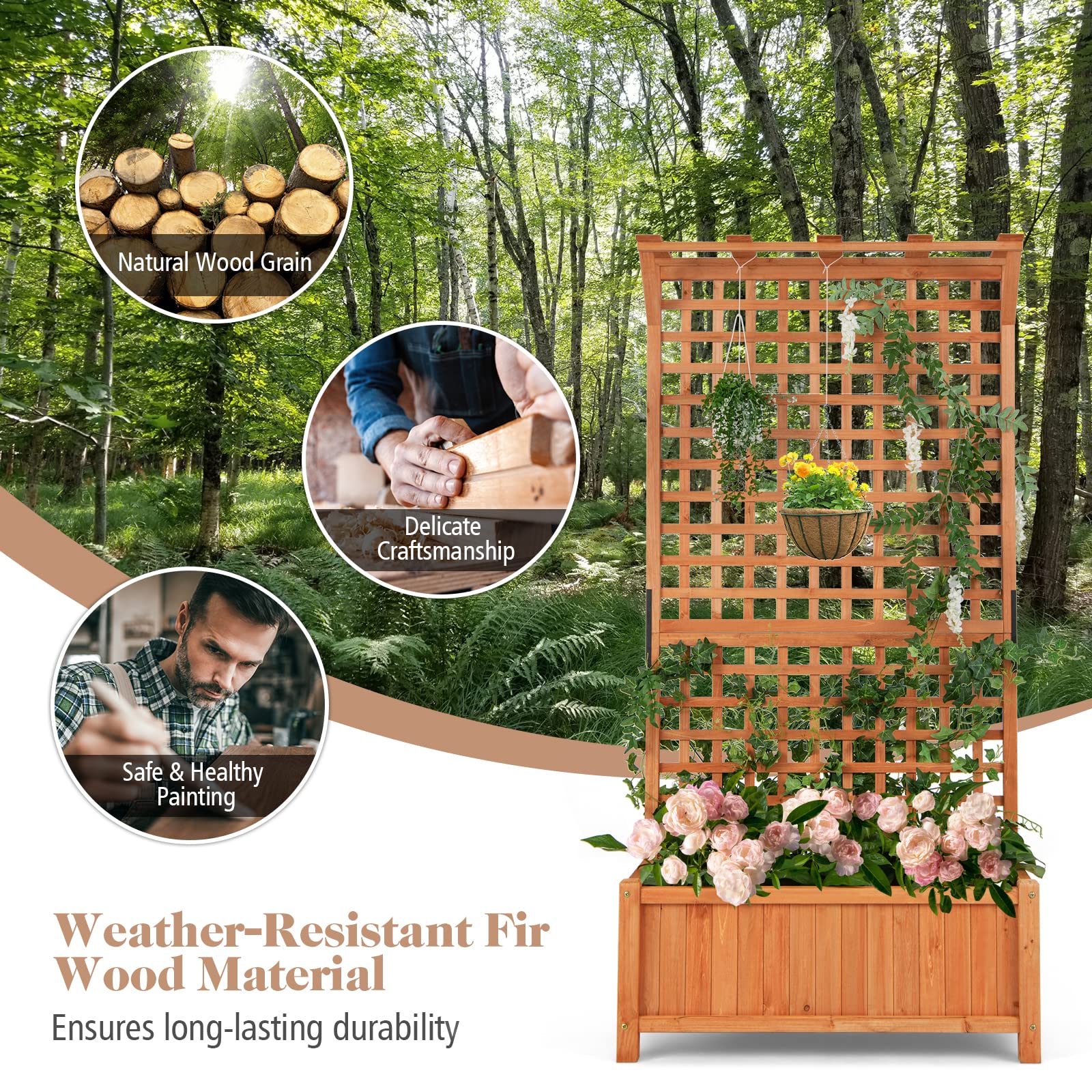 HOMASIS Cama de Jardín Elevada con Enrejado y Techo, Jardinera de Madera Alta y Independiente con Agujeros de Jrenaje, Trepadora para pPantas de Celosía para Terraza, Patio (Orange, 90x44,5x183,5cm)