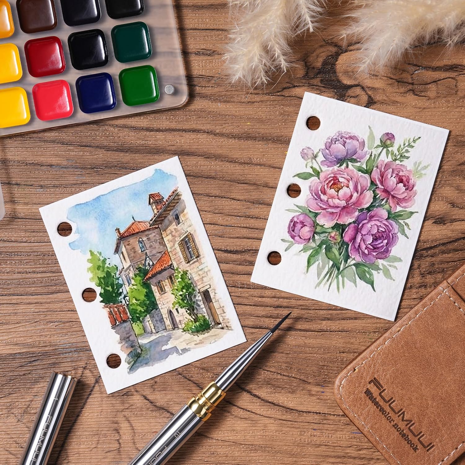 Fuumuui Portable Watercolor Sketchbook Set with 100% Cotton Cold Press 20 Sheets Refill Paper - Small