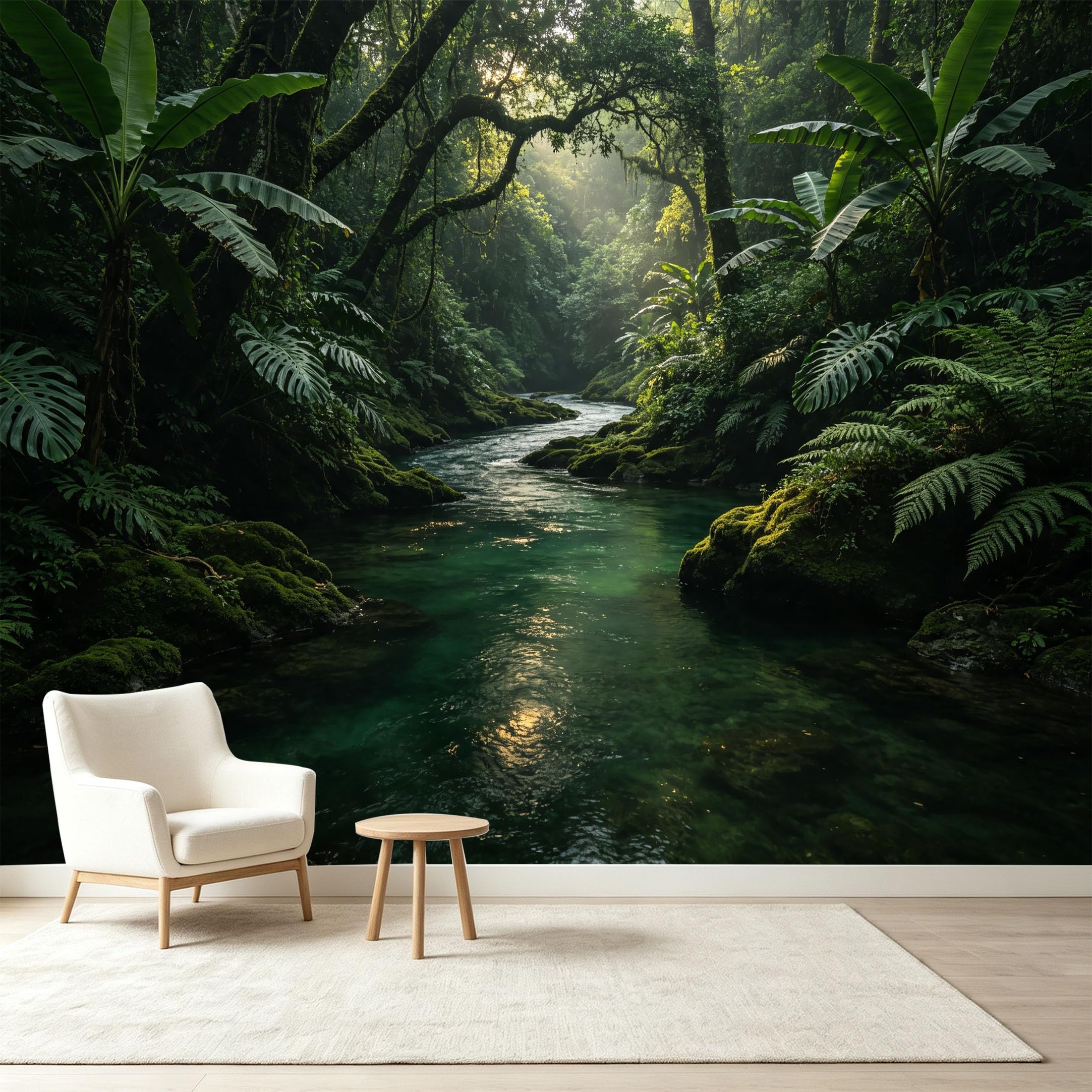 Custom Size Wall Murals Tropical Jungle Landscape River Sunbeams Fern Foliage Self-Adhesive Wall Fabric Removable Wallpaper Wall Decor for Living Room Bedroom Bathroom