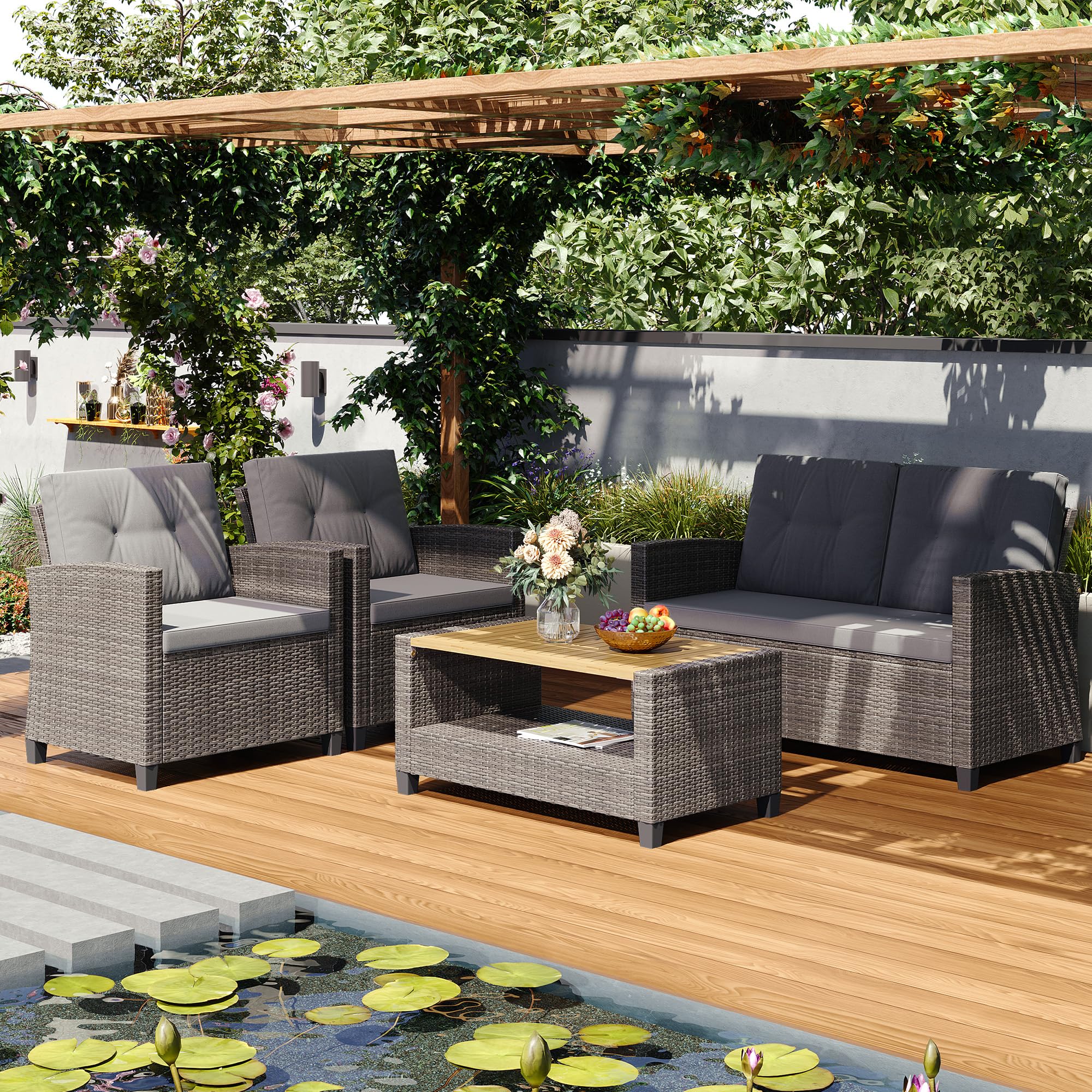 Wisteria Lane 4 Piece Patio Furniture Set, Wicker Outdoor Patio Conversation Furniture Set, All Weather Outdoor Patio Sofa with Cushion and Glass Table, Gray Wood