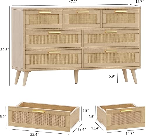 Miniatura 10 de Rovaurx Cómoda doble de 6 cajones para dormitorio, cómoda de ratán, cómoda de madera moderna con asas doradas, mesa auxiliar para armario, sala de