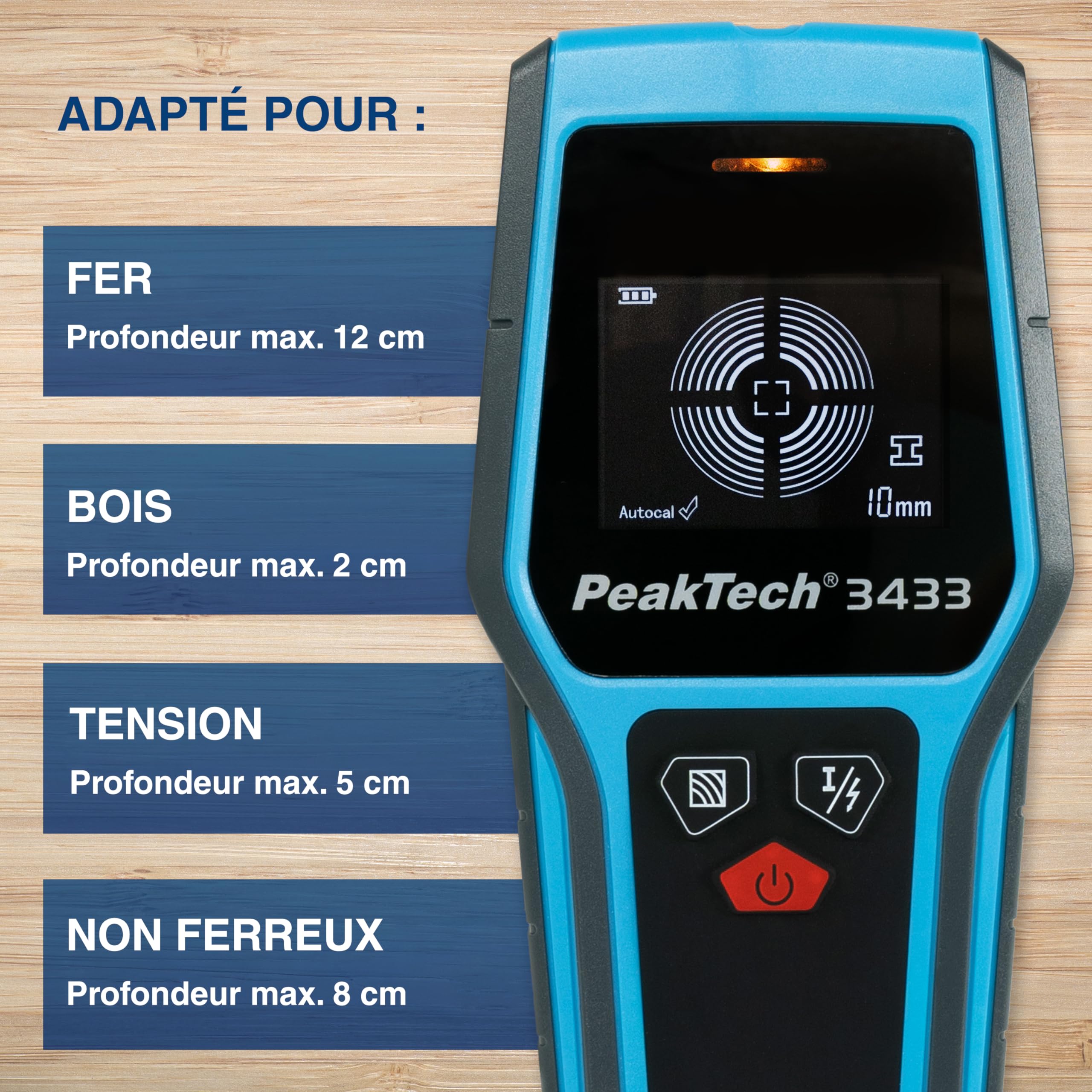 PeakTech 3433 - Scanner Mural numérique, localisateur numérique, détecteur de Montants, Profondeur de détection 20-120 mm, détecteur de Lignes, détection de métaux, Dispositif d'arrêt Automatique