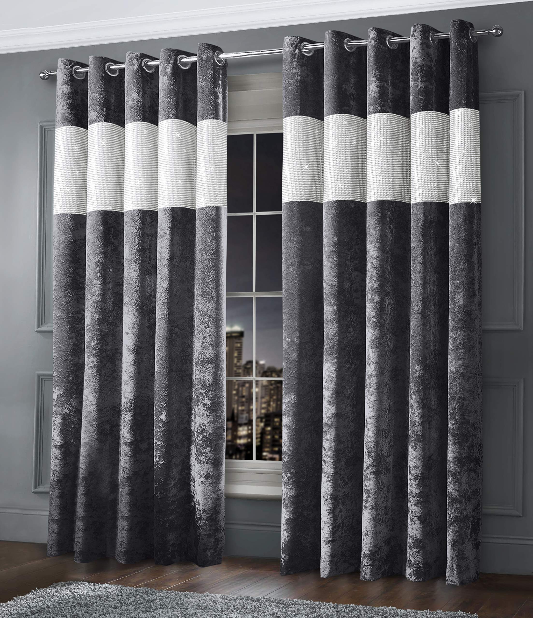 Intimates Luxury Thermal Crushed Velvet Diamante Charcoal Grey Ringtop/Eyelet Pair of Curtains (66x90)