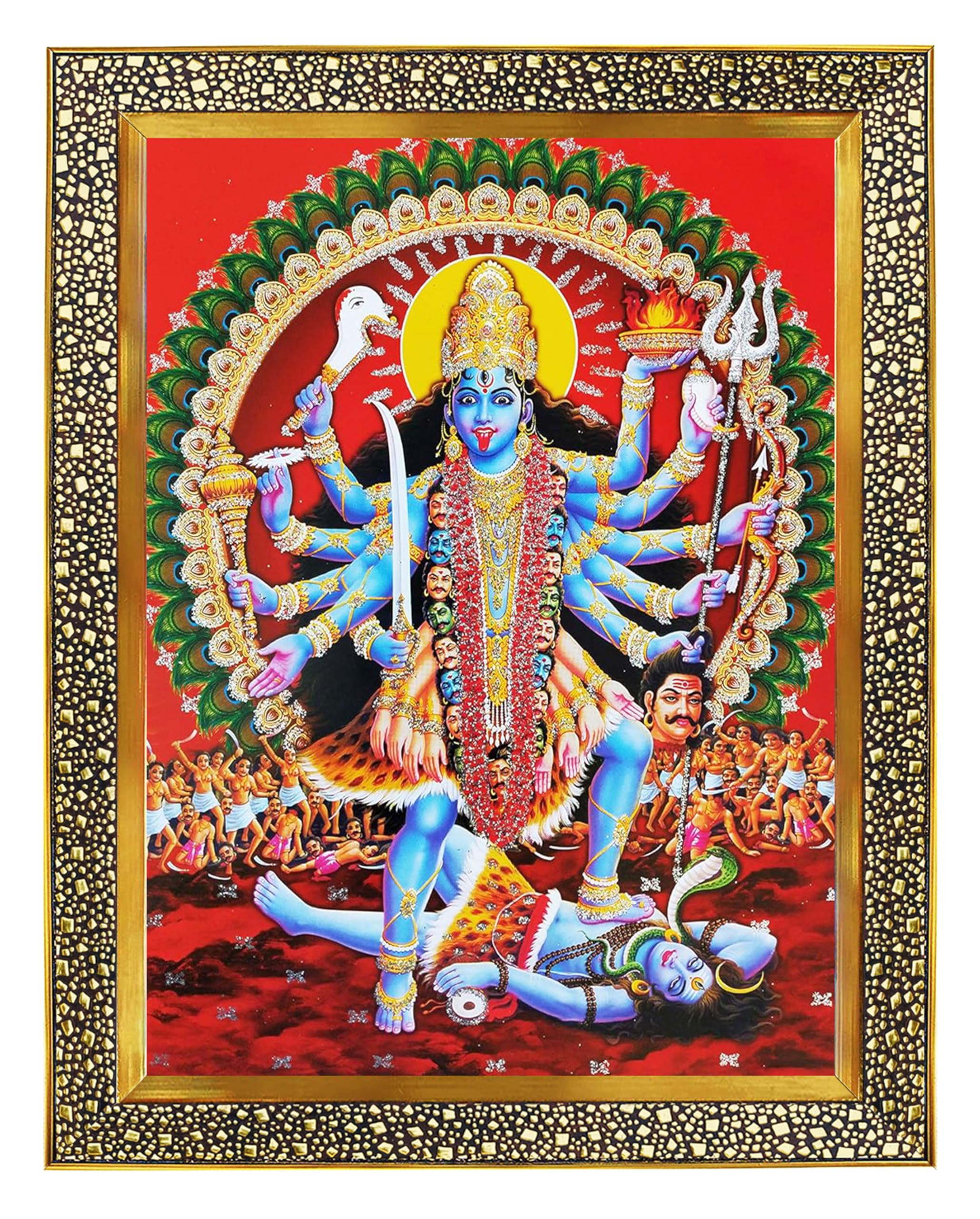 Khanna Koshtak Goddess Maa Kali Mahakali Angry Vikral Roop Religious Photo with Golden Frame & Acrylic Sheet Glass for Wall Hanging/Gift/Temple/Puja Room/Home Decor & Worship