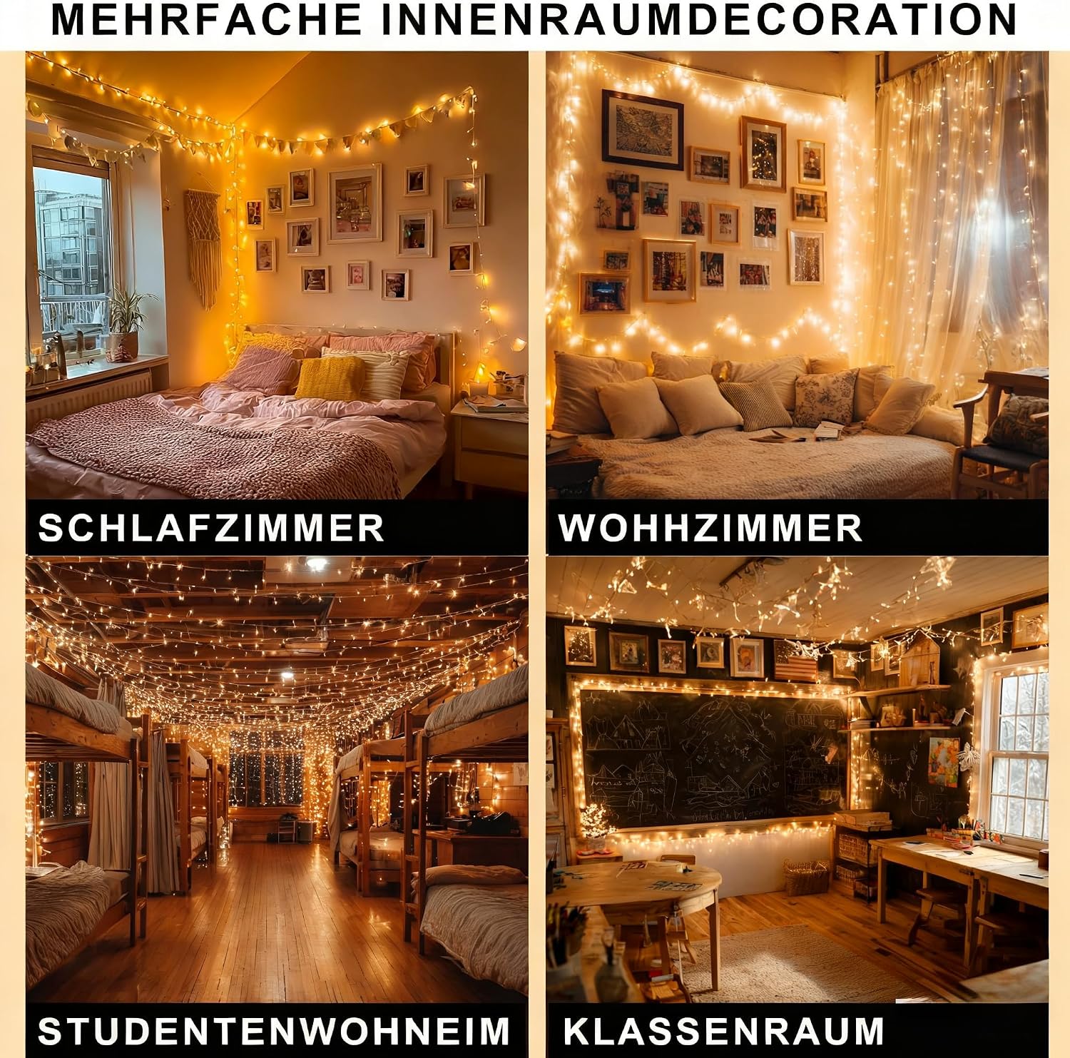 Various indoor decoration examples including a bedroom, living room, student dorm, and classroom illuminated with string lights