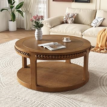 TesNus 31.5 Round Coffee Table with Storage, Modern Wood Coffee Table for Living Room, Small Center Table with Open Shelf & Beaded Drum Design, Farmhouse Boho Mid Century Storage Coffee Tables,Brown