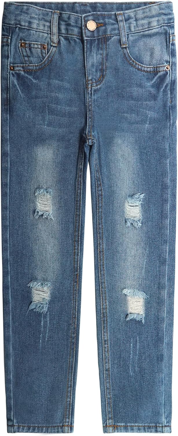KIDSCOOL SPACE Girls Slim Jeans,Elastic Waistband Inside Baby Little Big Girl Ripped Holes Denim Pants