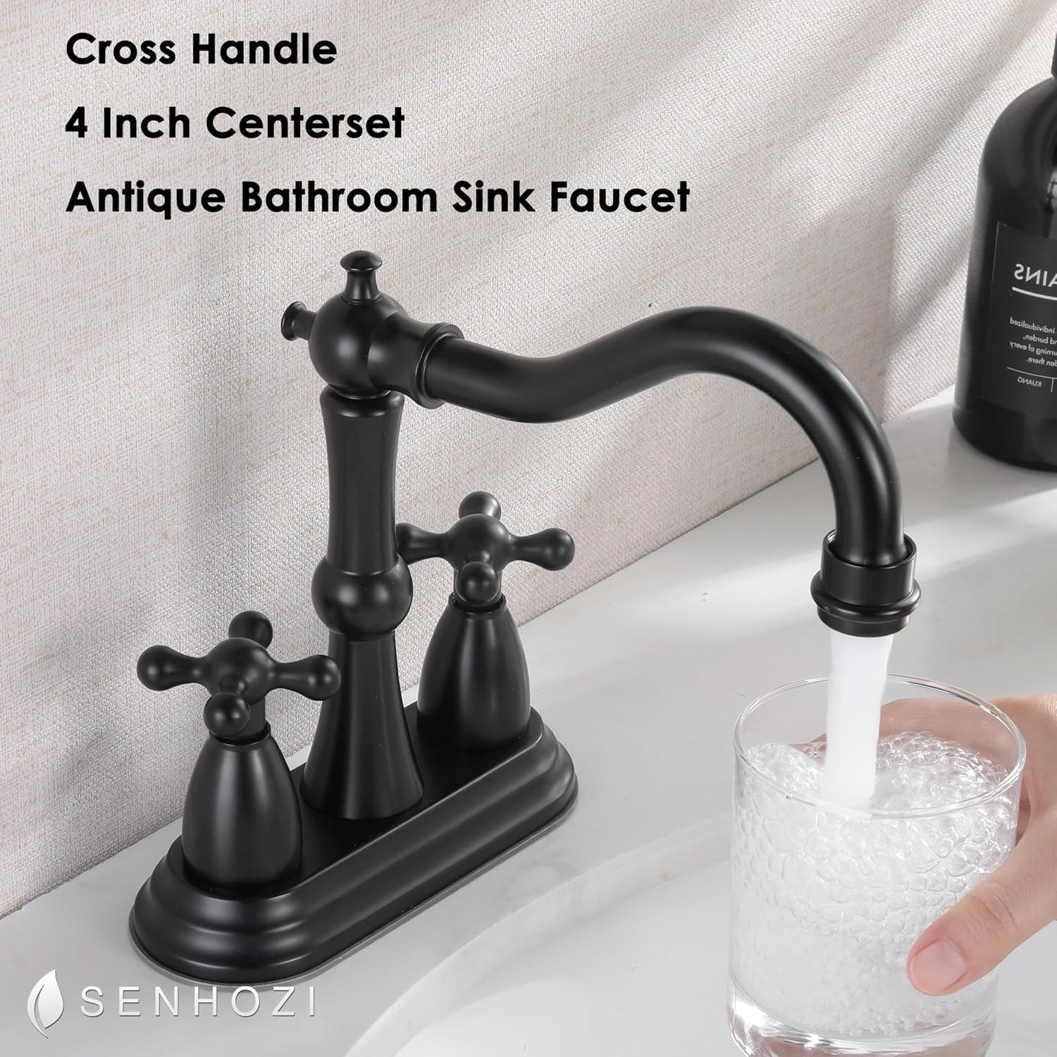 Matte Black Bathroom Faucet Antique, 4 Inch Centerset Bathroom Faucet 3 Hole, Stainless Steel Antique Bathroom Faucet Lavatory Faucet with Pop Up Drain Assembly and Supply Hose, SE-0038-BK