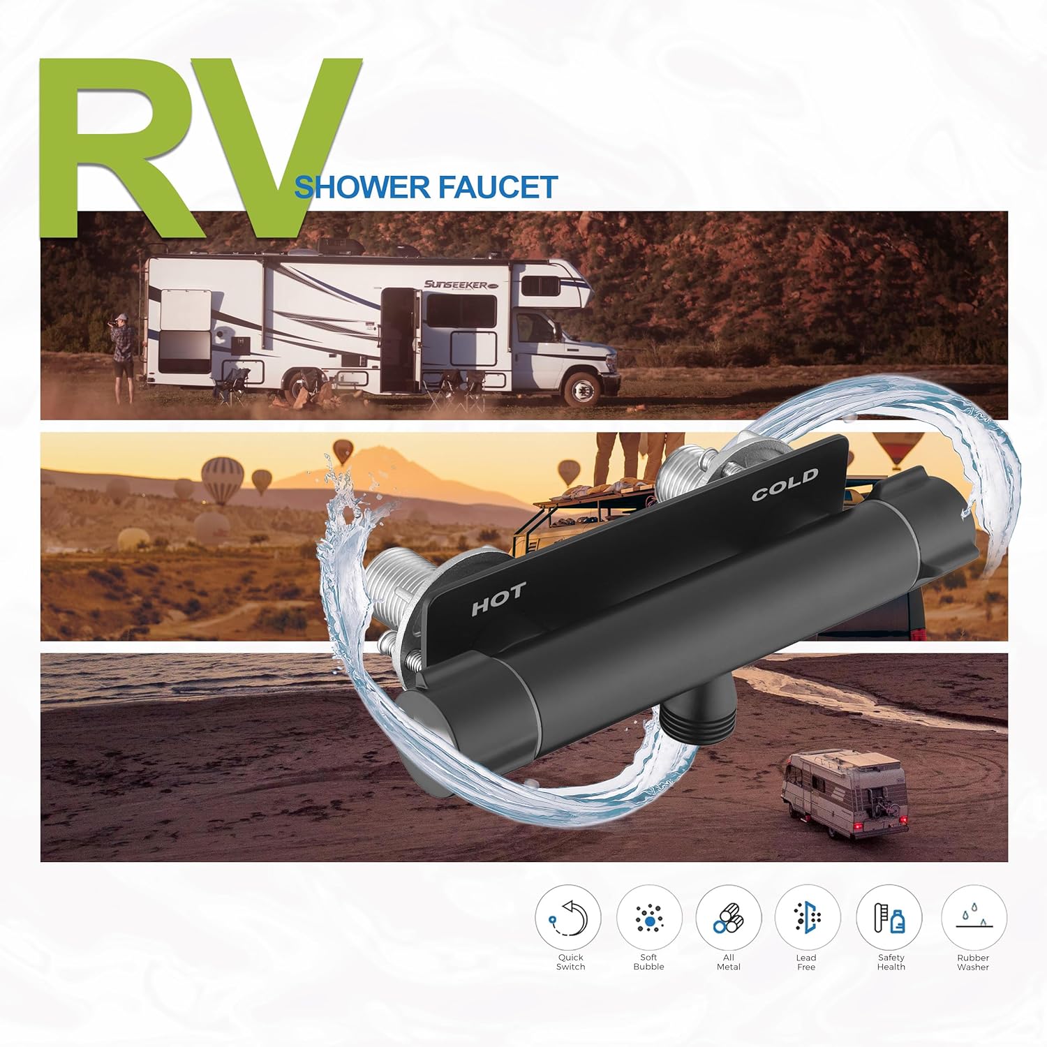 RV Shower Faucet Valve, All Metal Camper Shower Faucet, Matte Black 4” RV Shower Replacement Valve Diverter for Indoor and Outdoor Shower