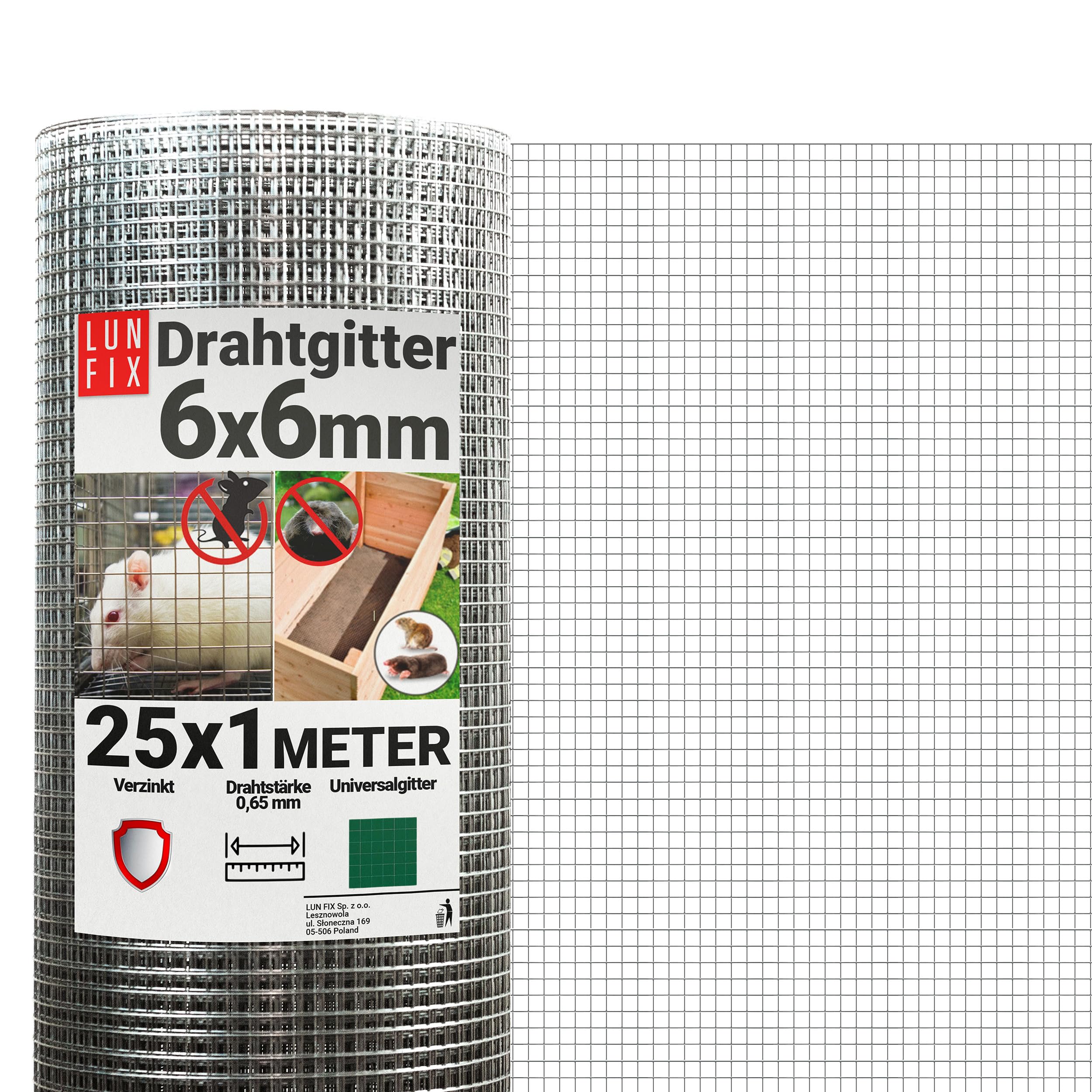 Drahtgitter feinmaschig 6x6 mm 0,65 mm 1x25 m 100x2500 cm Hasendraht | Wühlmausgitter Kaninchendraht Maschendrahtzaun Volierendraht Rödeldraht Kaninchenzaun Metall Hasengitter