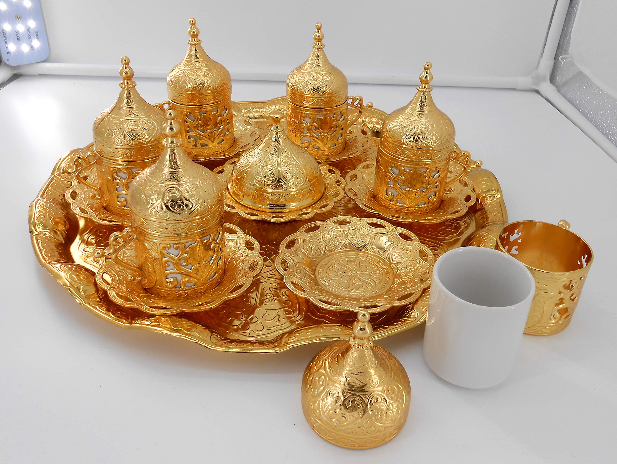 Gold color Set of 6 coffee cups with metal saucer, cup holder, lid & tray/Moroccan drink ware/Home decorative