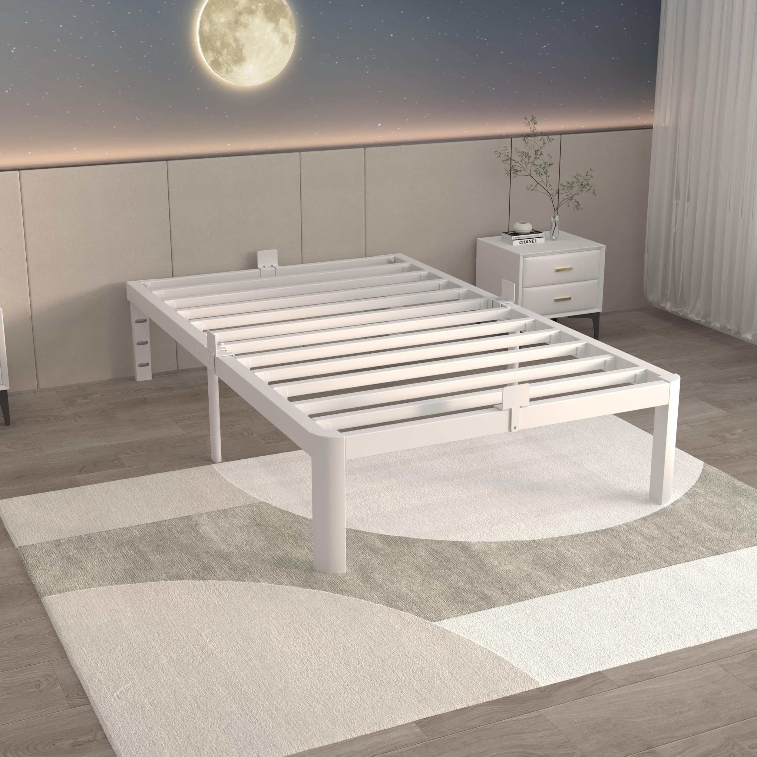 ITIMIDI 14 Inch Twin White Bed Frames, Metal Twin Platform Bed Frame with Round Corner Legs, Heavy Duty Steel Support 3500 LBS, Storage Space, No Box