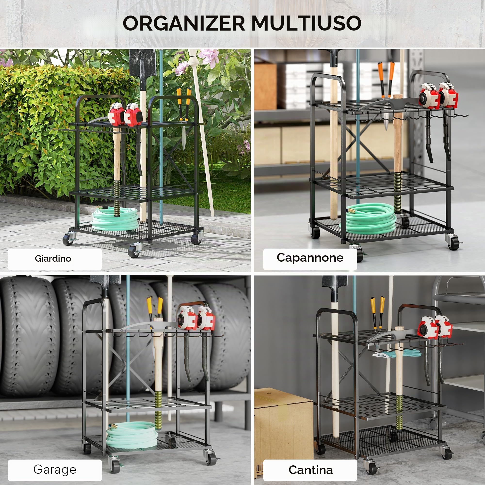 Outsunny Organizzatore di attrezzi da giardino con 9 ganci, porta attrezzi da giardino a 40 scomparti, porta attrezzi da garage in metallo su rotelle per forbici, vanghe, rastrelli, nero