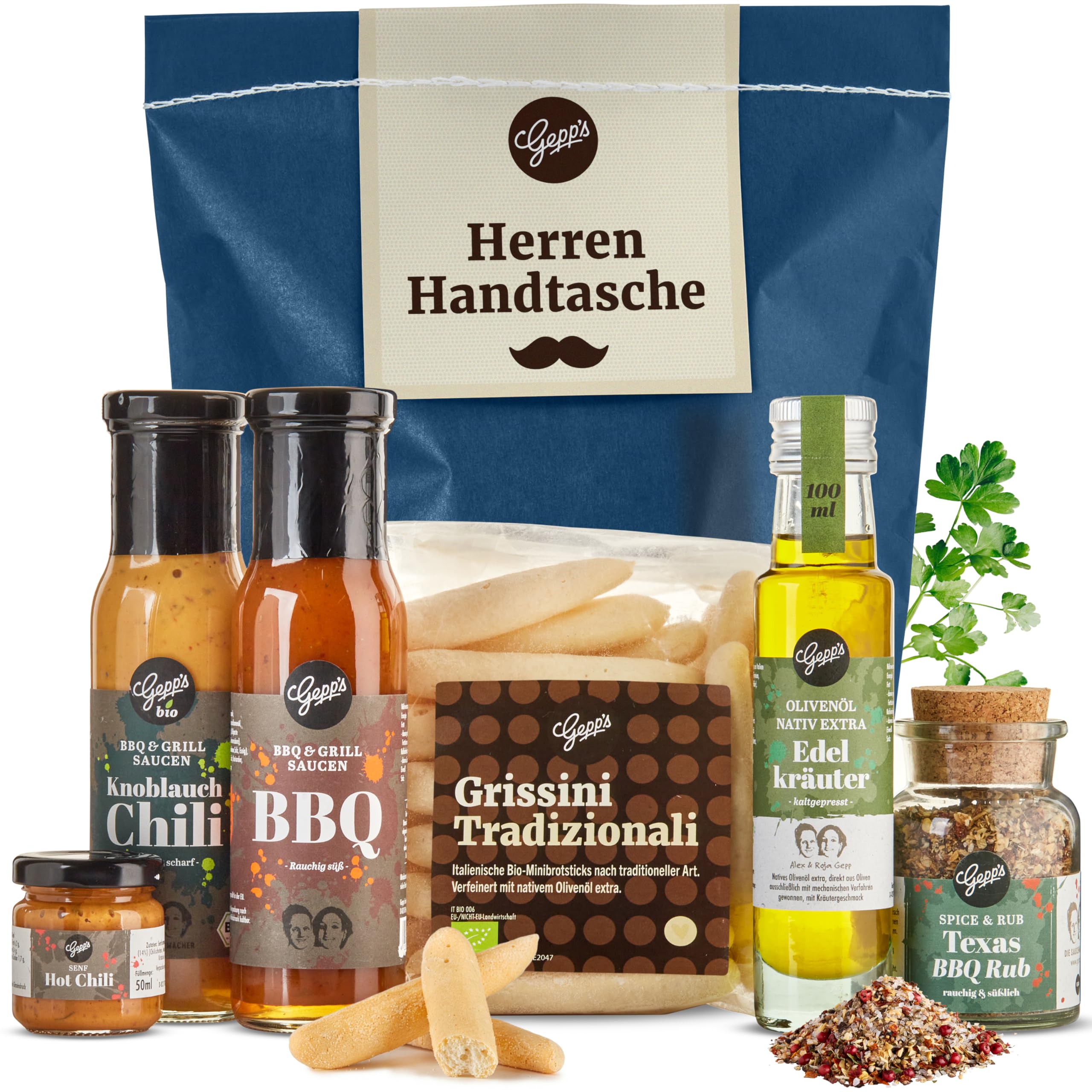 Gepp’s Feinkost Herrenhandtasche mit Delikatessen Knoblauch-Chili-Sauce Edelkräuter-Olivenöl Texas BBQ Rub Geschenkidee für Männer