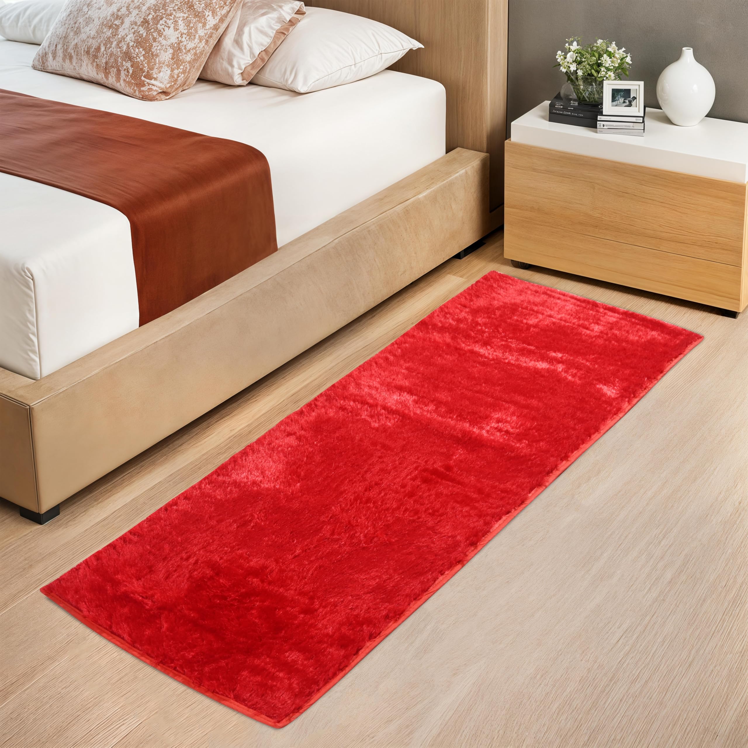 Kuber Industries Bed Side Runner | Long Runner For Home, Hall | 22x54 Inch-Velvet Fluffy Shag Floor Rug | Soft Carpet for Bedroom, Living Room, Kitchen | Home Decor Carpet | Red