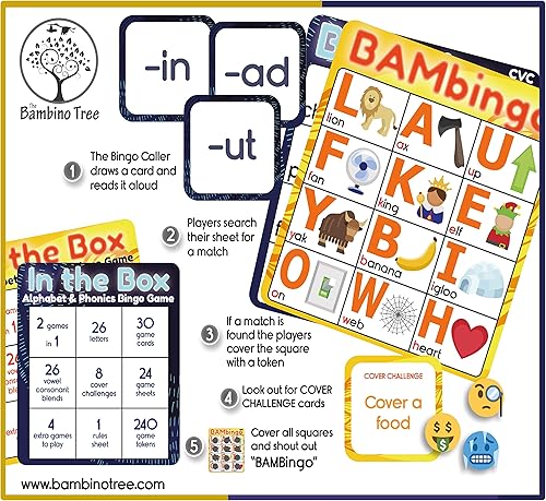 Miniatura 7 de Bambino Tree Alphabet and Phonics Bingo - Tarjetas flash del alfabeto ABC Jumbo Tarjetas Flash para niños 3-6 letras Juego de aprendizaje - Diseño