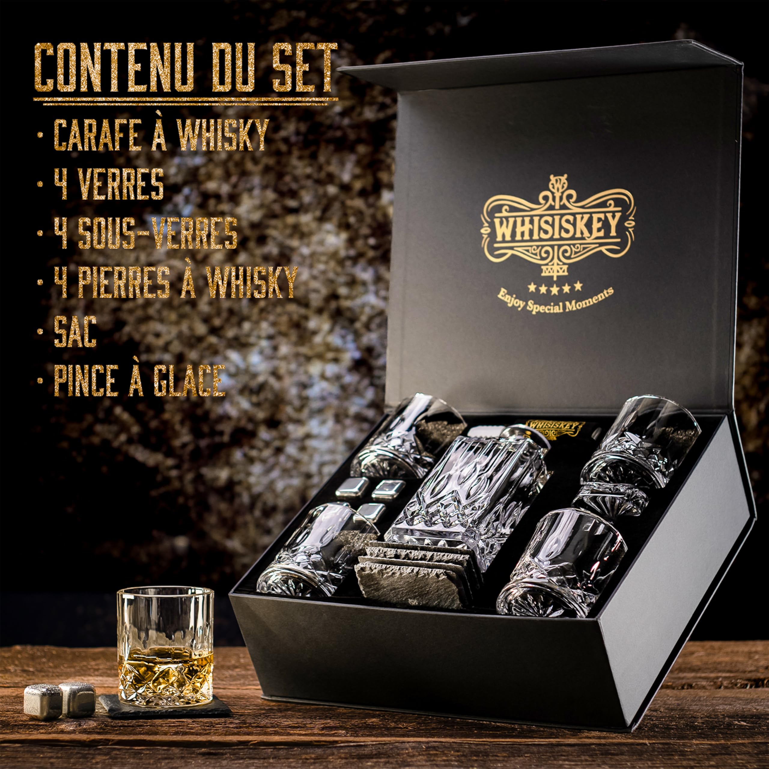 WHISISKEY Carafe Whisky - Carafe à Whisky - 700ML - Coffret Cadeau Homme - Coffret Whisky Luxueux - Idee Noel - Decanter avec 4 Verre à Whisky, 4 Pierre a Whisky, Whiskey Accessories