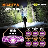 Vista 3 de BLITZU - Linterna LED de minero, para adultos y niños – Impermeable y súper brillante, lámpara CREE con luz roja, cómoda diadema perfecta para Camo