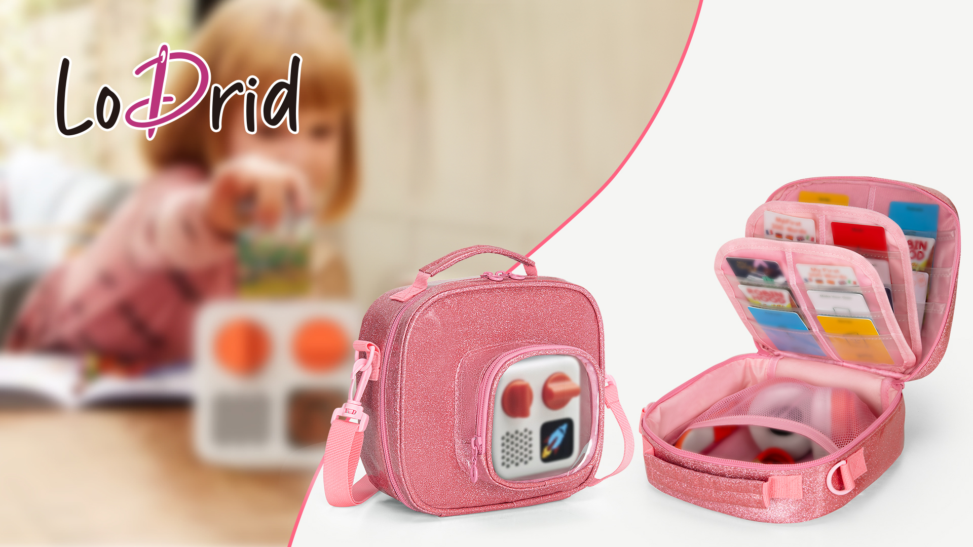 Housse Protection Yoto Étui Voyage LoDrid Pour Yoto Mini 2024 - Bandoulière Réglable - Poche Zippée Cartes - Rose Sac Transport Lecteur Audio Yoto