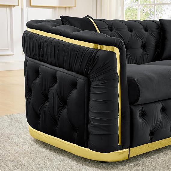 KEIKI 63 Luxury Oversized Velvet Chesterfield Sofa with 2 Pillow & Gold Stainless Decoration, Italian Modern Style 2-Seater Button Tufted Couch with Rolled Arms, Easy Assembly, for Living Room, Black
