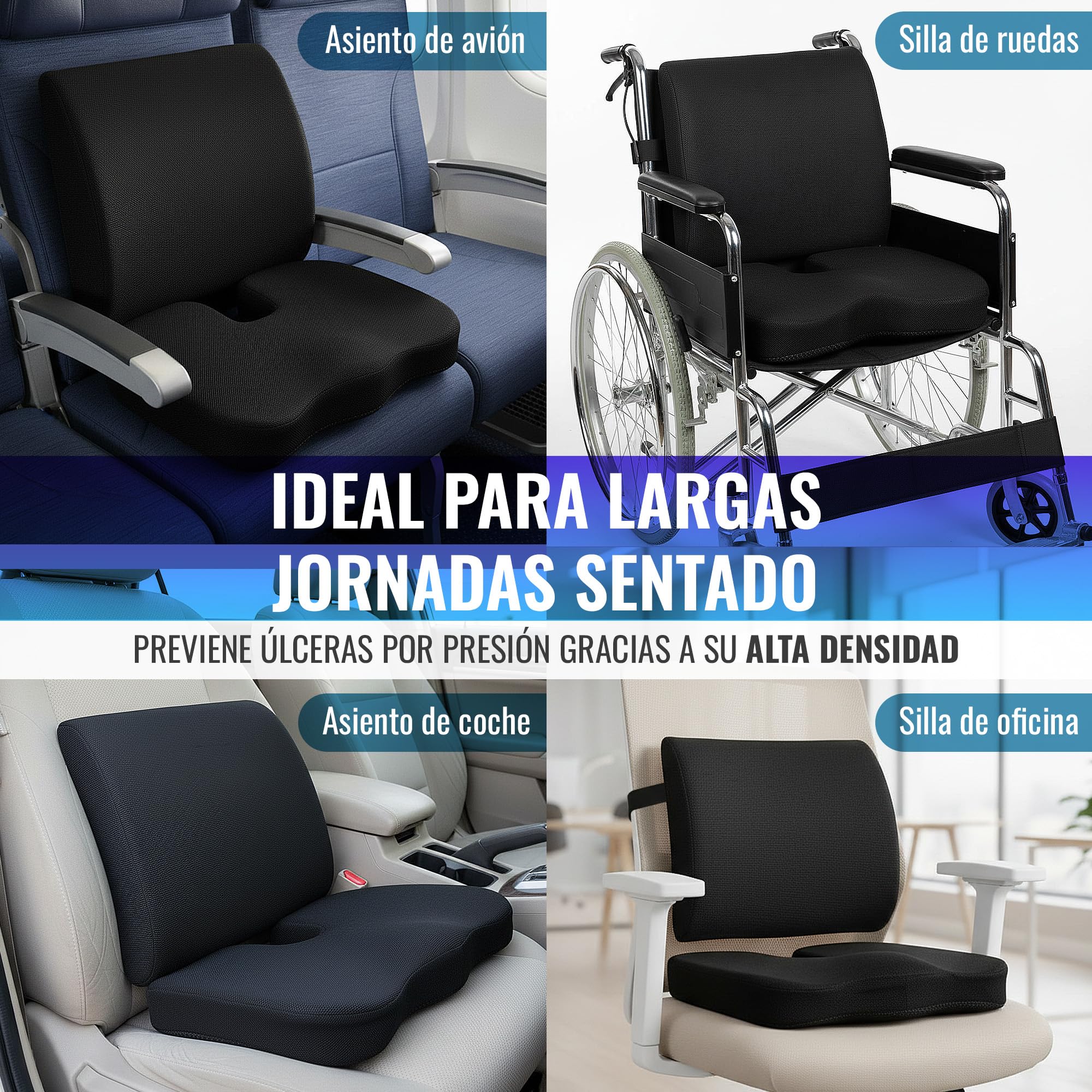 Cojin Antiescaras + Cojin Lumbar Silla Oficina, Silla de Ruedas y Coche – Viscoelástico – Cojin Coxis – Cojines Antiescaras con Funda Lavable – Cojin Silla Oficina - Cojin Lumbar Coche
