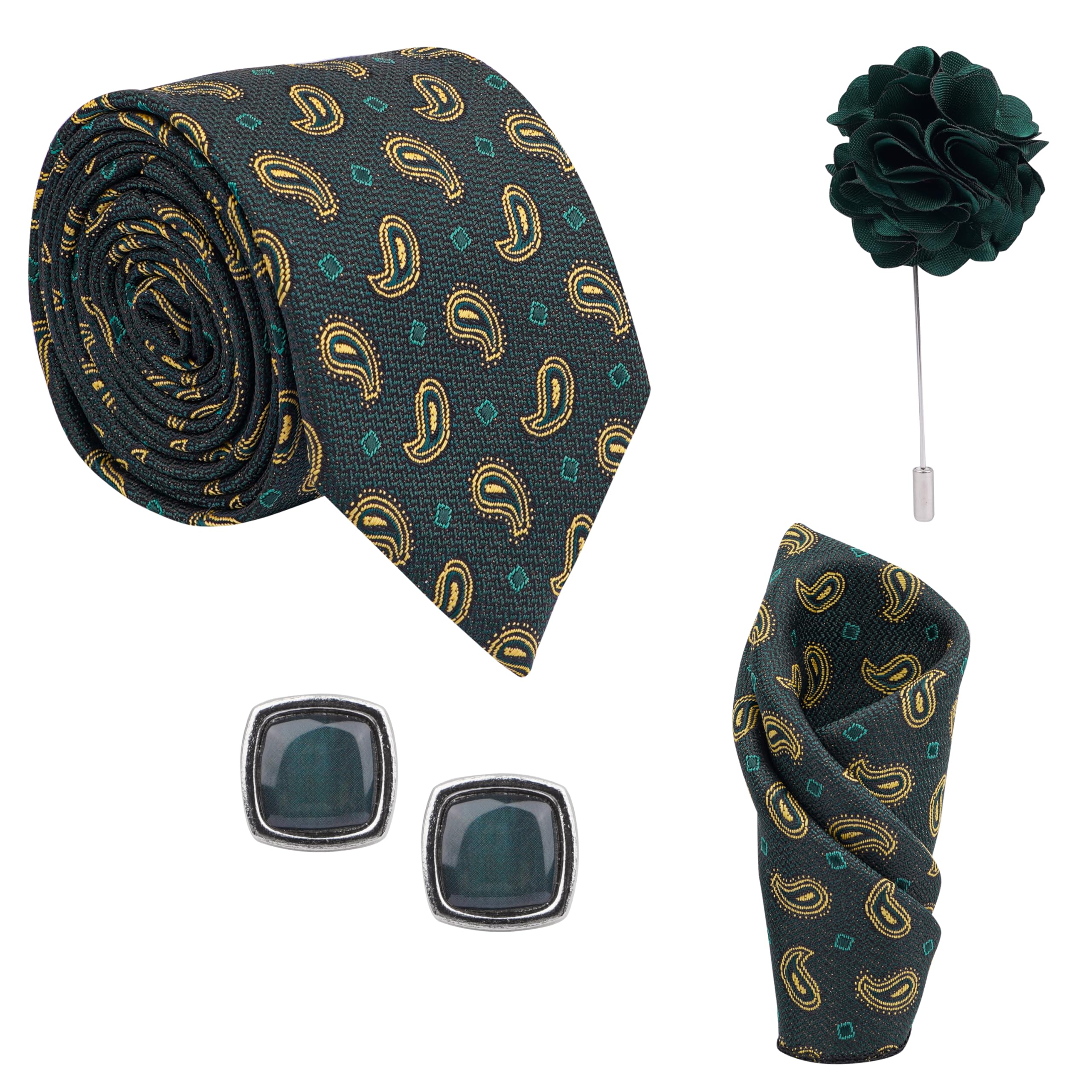 calixto Men's Microfibre Italian, Floral Printed Necktie Tie With Pocket Square,Lapel Pin,Cufflinks (Leatharite Gift Box) (Pack of 4) N4-picture-36
