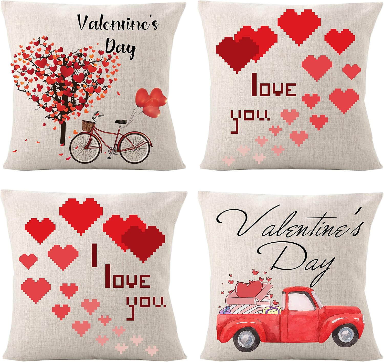 DESTURE Valentine's Day Pillow Covers 18 x18 inches, Valentines Day Decorations for The Home, Bike, Red Heart Love, Truck, Tree Decor for Sofa Couch Cushion Cover
