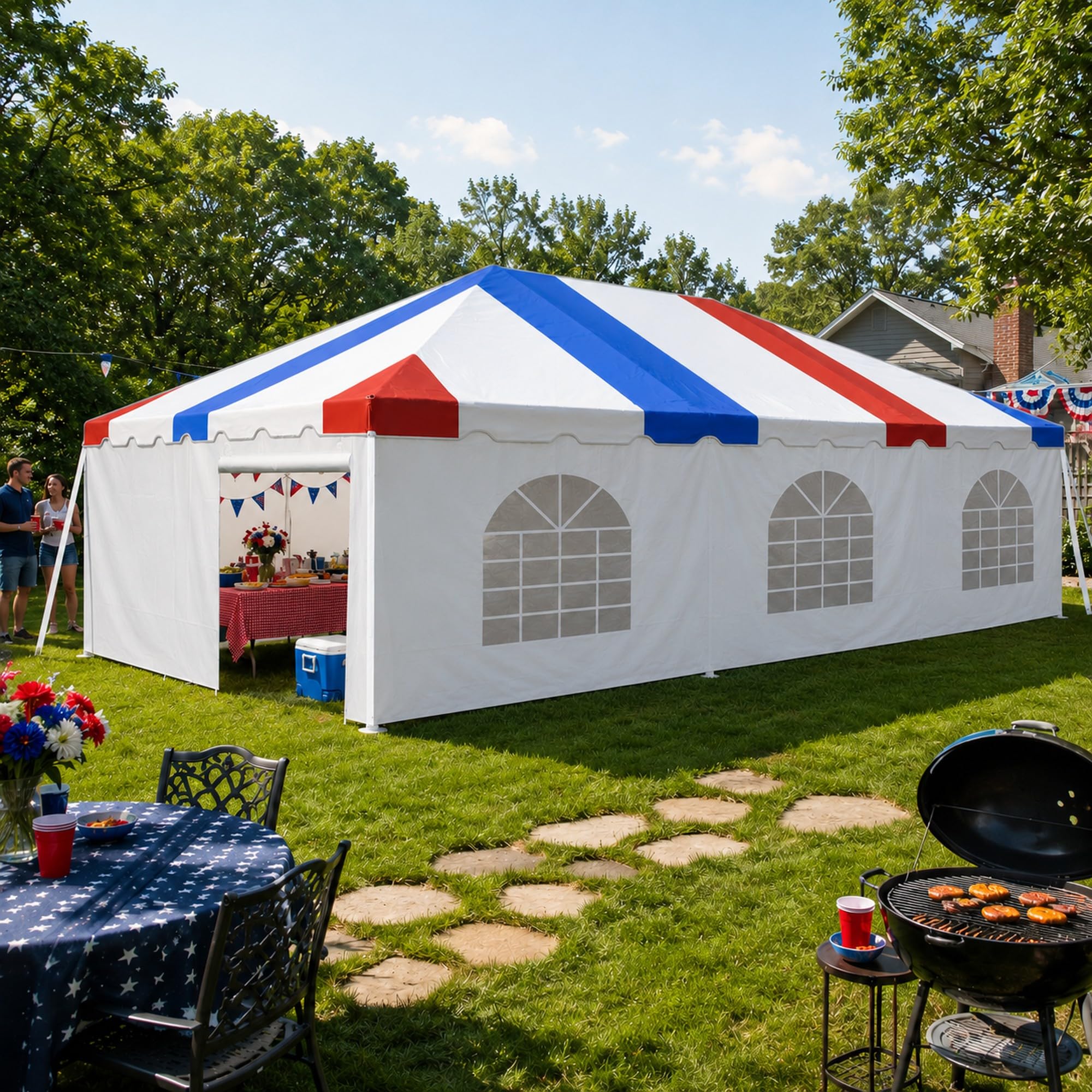 Party Tents Direct 20'x30' Steel Frame Tent, Red White Blue Top & Sidewalls
