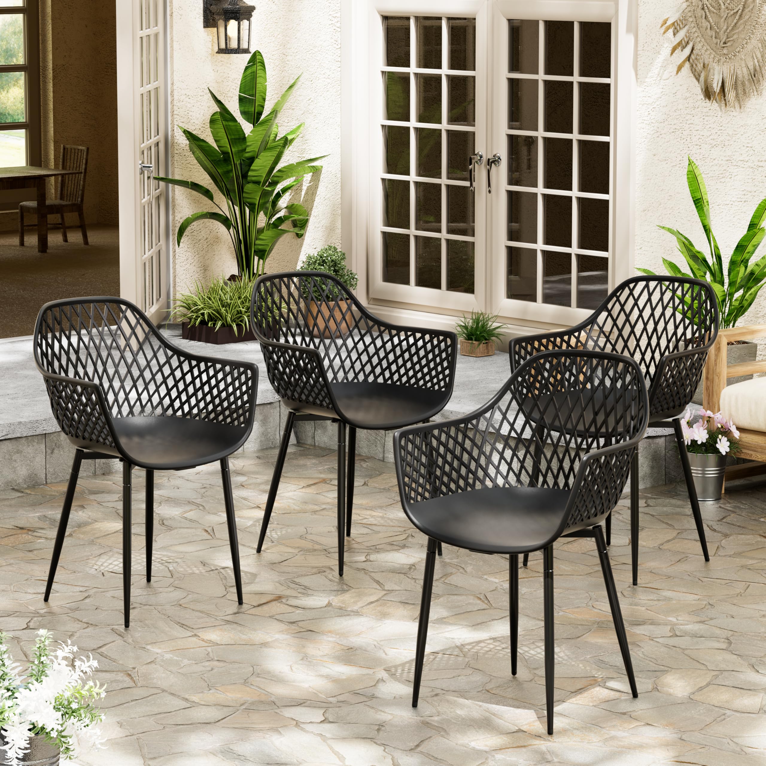 COSTWAY Set van 4 stapelbare tuinstoelen, stapelstoelen van textilene en metalen frame, terrasstoelen met armleuningen, balkonstoelen belastbaar tot 150 kg, 56 x 70 x 84 cm (blauw