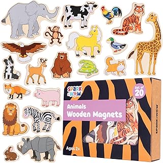 SPARK & WOW Wooden Magnets - Animals - Set of 20 - Magnets for Kids Ages 2+ - Cute Animal Magnets for Fridges, Whiteboards and More