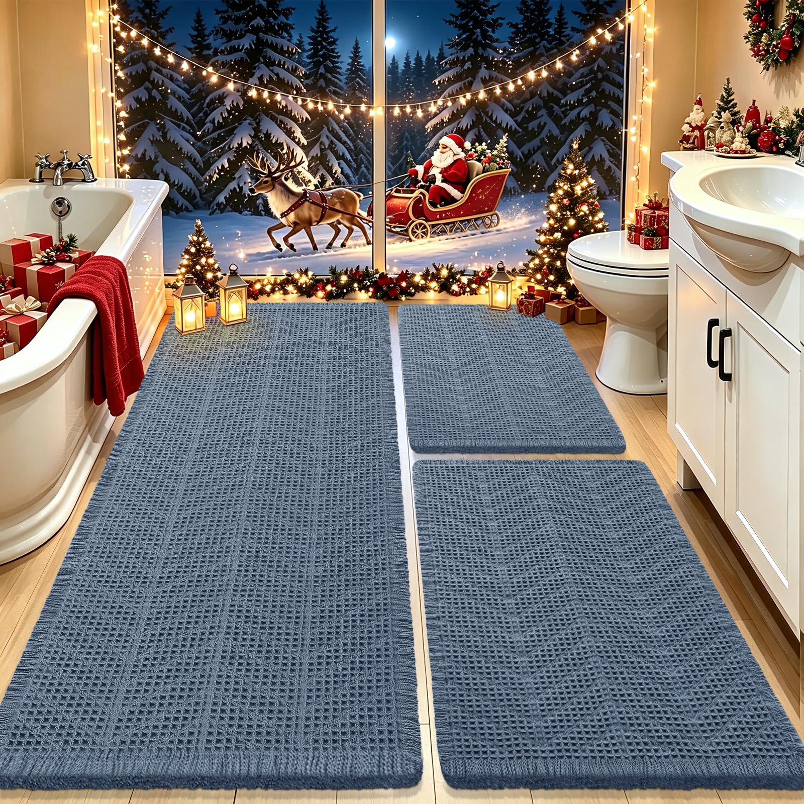 Upgrade Waffle Bath Mat Set 3 Piece, Boho Bathroom Rugs Absorbent Non Slip, Soft Bathroom Mats, Machine Washable Knit Bath Rugs with Herringbones for Bathroom, Bedroom, Kitchen, Shower, Tub, Blue