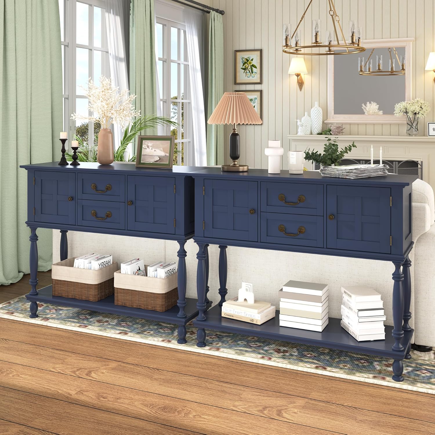 Farmhouse Console Table with 2 Drawers and 2 Cabinets, Sofa Table with Open Storage Shelf, Vintage Entryway Table for Entryway, Living Room, Hallway, Foyer