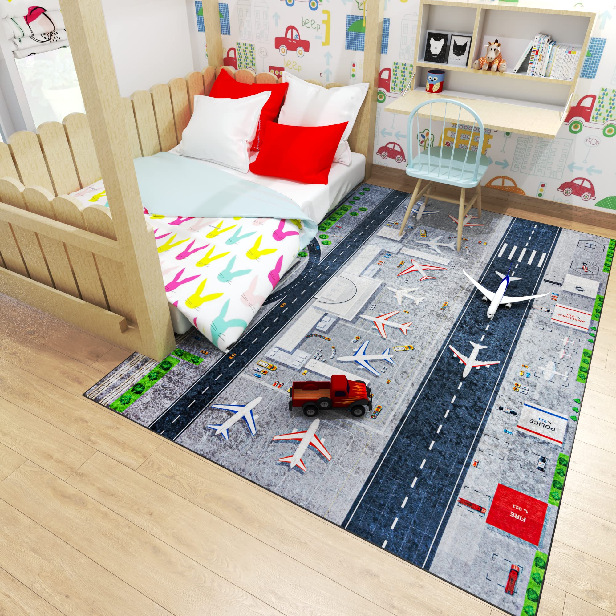 Mazovia Kinderzimmerteppich Antirutsch - Waschbar bis 30 Grad - Spielteppich Flugzeuge Flughafen - Kurzflor Kinderteppich für Kinderzimmer - ÖKO-TEX Zertifiziert - Grau 120 x 170 cm