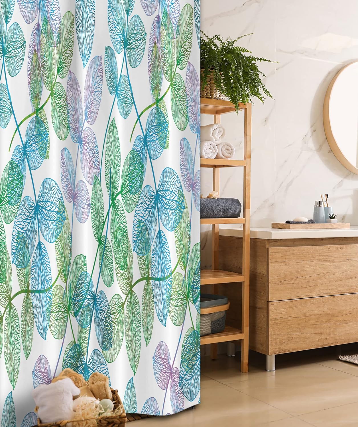 Ambesonne Floral Stall Shower Curtain, Flowers Leaves Ivy Vein Like Rainbow Ombre Colored Art Print, Fabric Bathroom Decor Set with Hooks, 36" W x 72" L, Fern Green Pale Blue