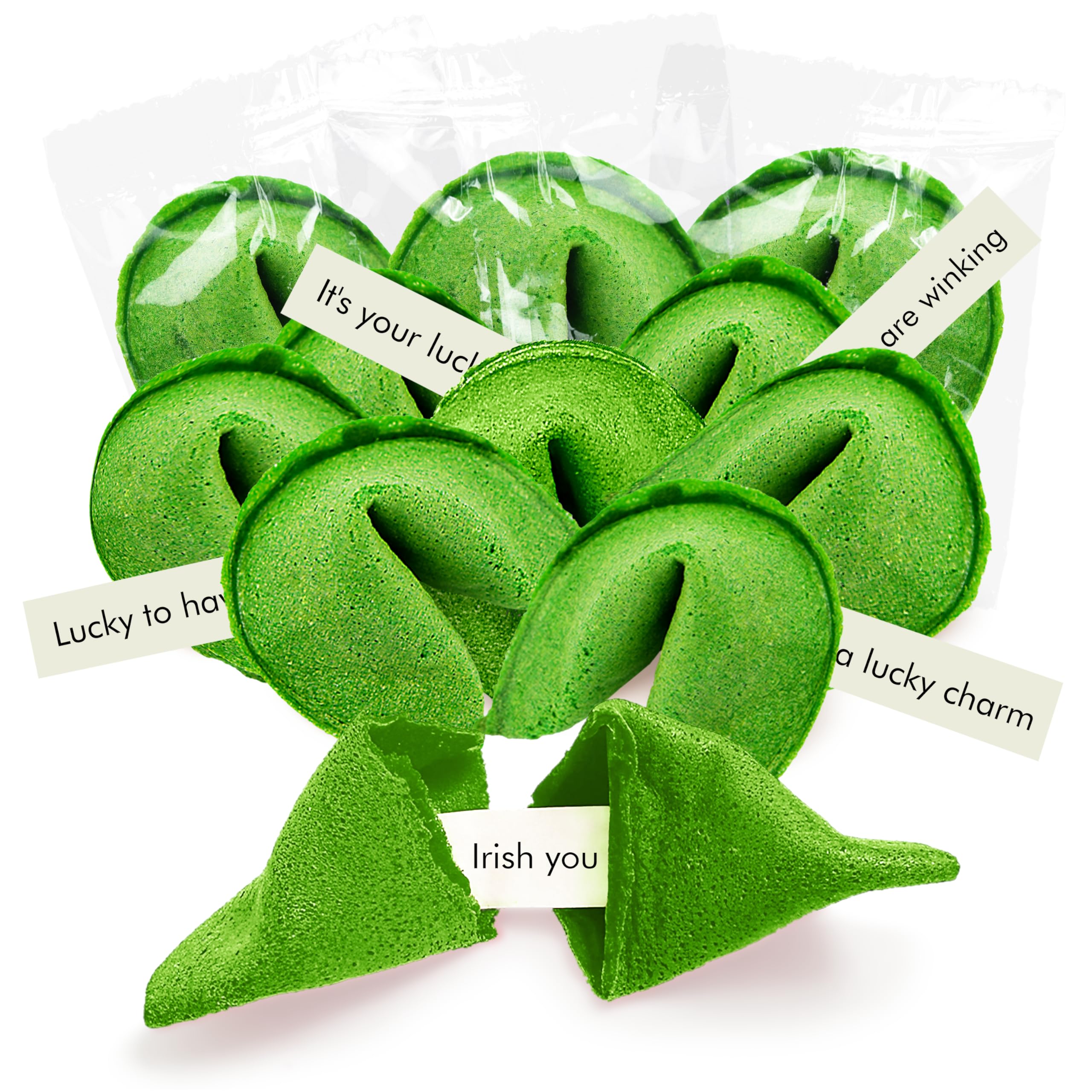St Patricks Day Fortune Cookies (50 Pack) Bulk Individually Wrapped Green Fortune Cookies With 50 Unique St Patricks Day Themed Fotune, Party Favors & Candy Bowl Filler, Classic Flavor by 4E's Novelty