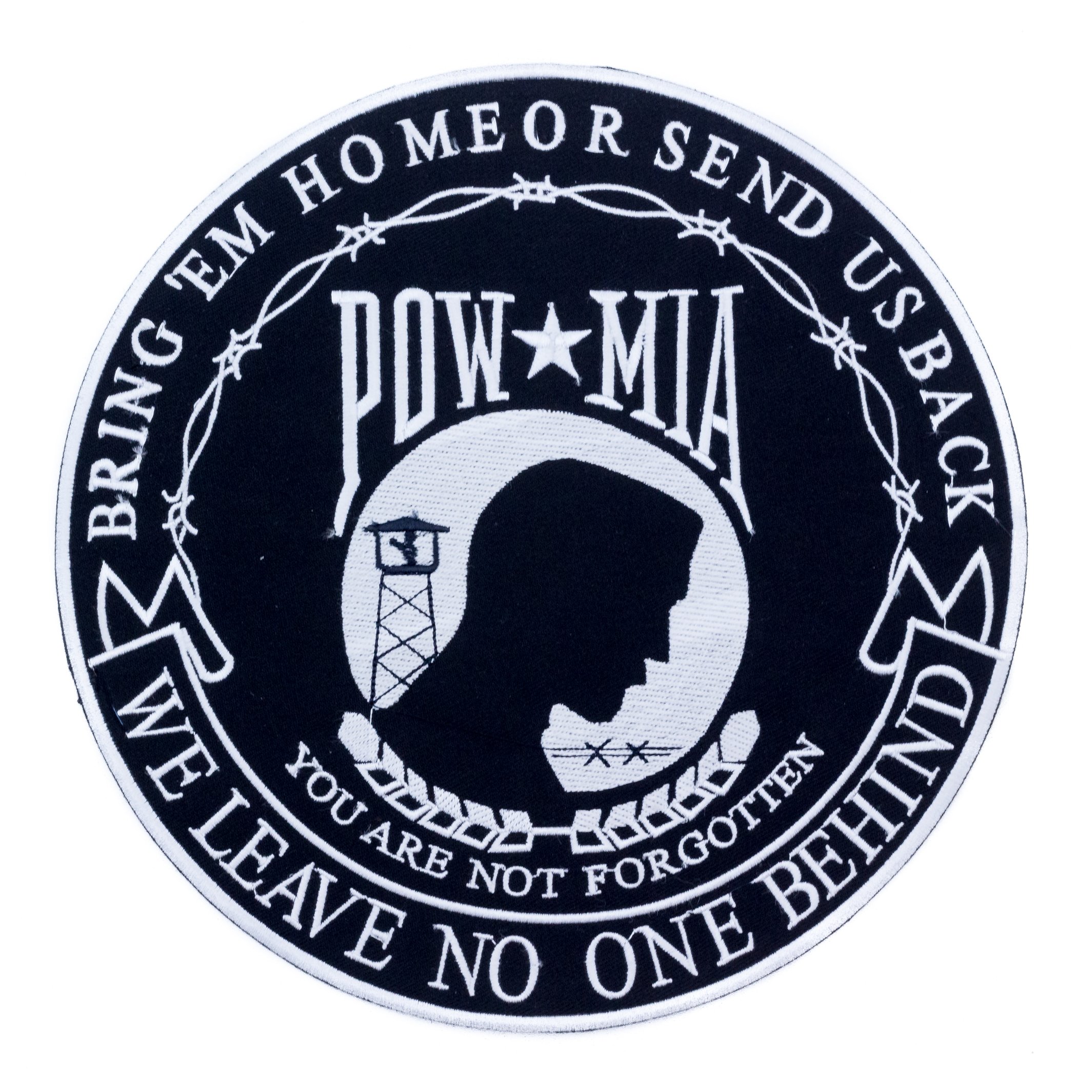 POW MIA we Leave on One Behind Black Round CGI Center Back Patch for Biker Vest