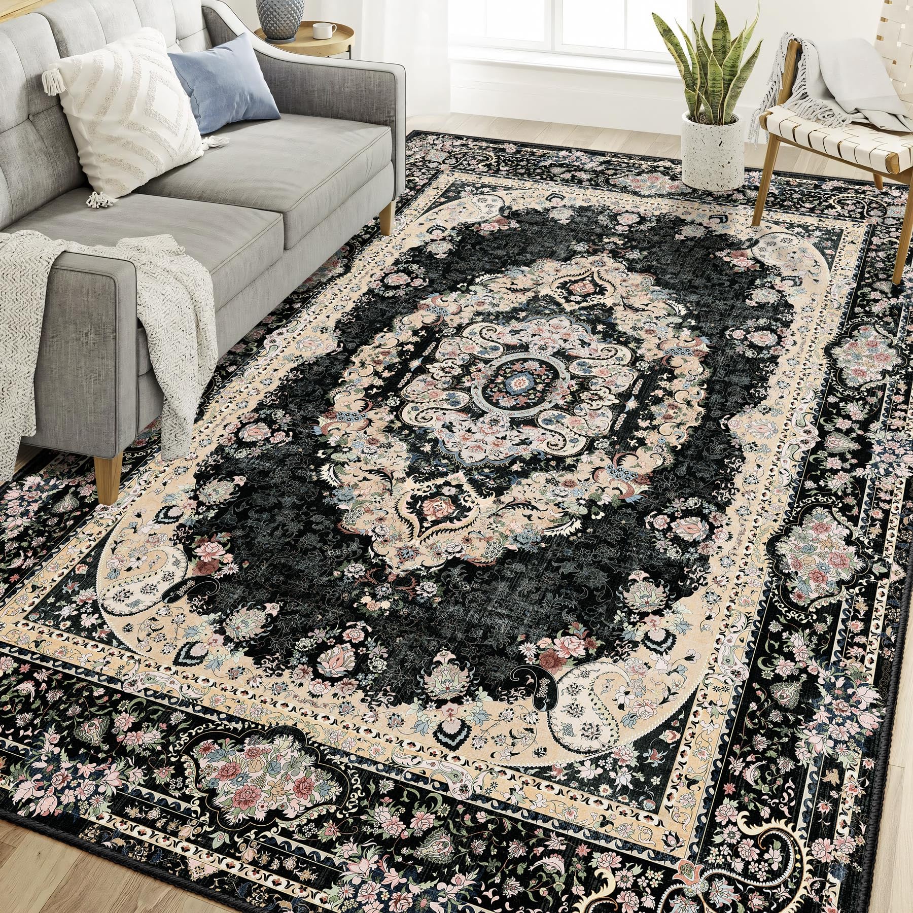 Casrage 6x9 Area Rugs Washable,Black Rug for Living Room Bedroom Kitchen,Large Boho Vintage Bohemian Distressed Carpet Non Slip,Floral โ image 1