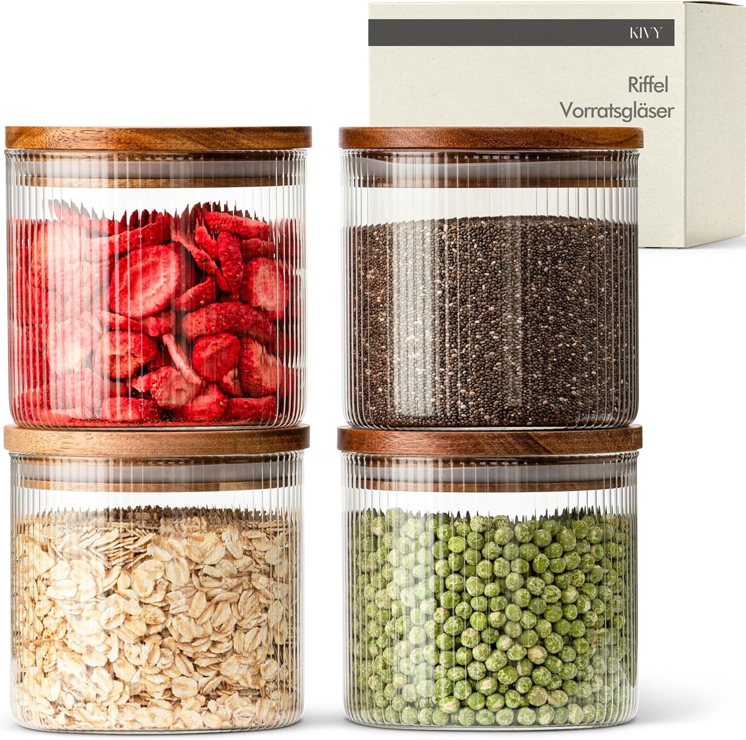 KIVY Voorraadpotten set [4 x 1200ml] - Luchtdichte glazen voorraadpotten met deksels van duurzaam bamboe, glazen voorraadpotten glas, voorraadbussen meel, voorraaddozen granen, potjes met deksel
