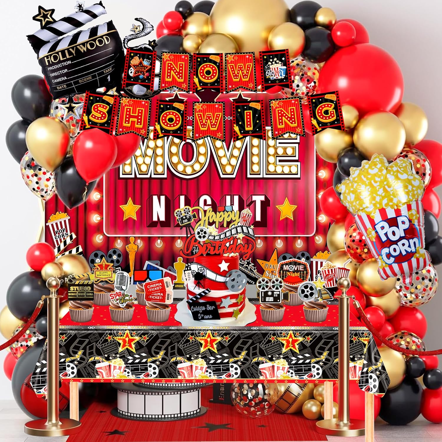 Movie Night Party Decorations, 84 Pcs Movie Night Party Supplies - Balloons Backdrop Tablecloth Banner etc Movie Theater Decorations