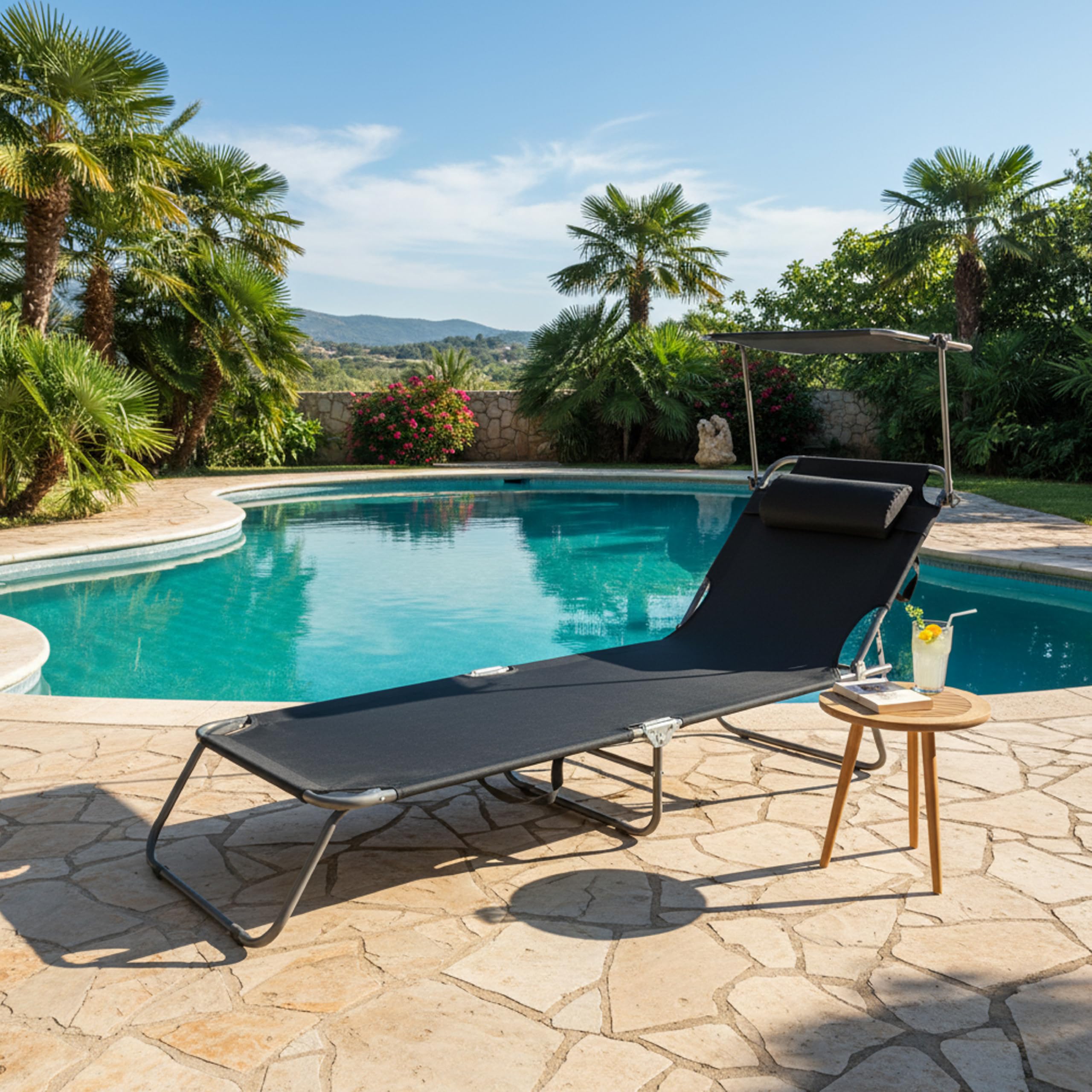 Baroni Home Chaise longue pliable et inclinable avec pare-soleil réglable à 360° et coussin amovible, chaise longue en métal avec tissu hydrofuge, charge maximale 110 kg, 186 x 55 x 24 cm, noir