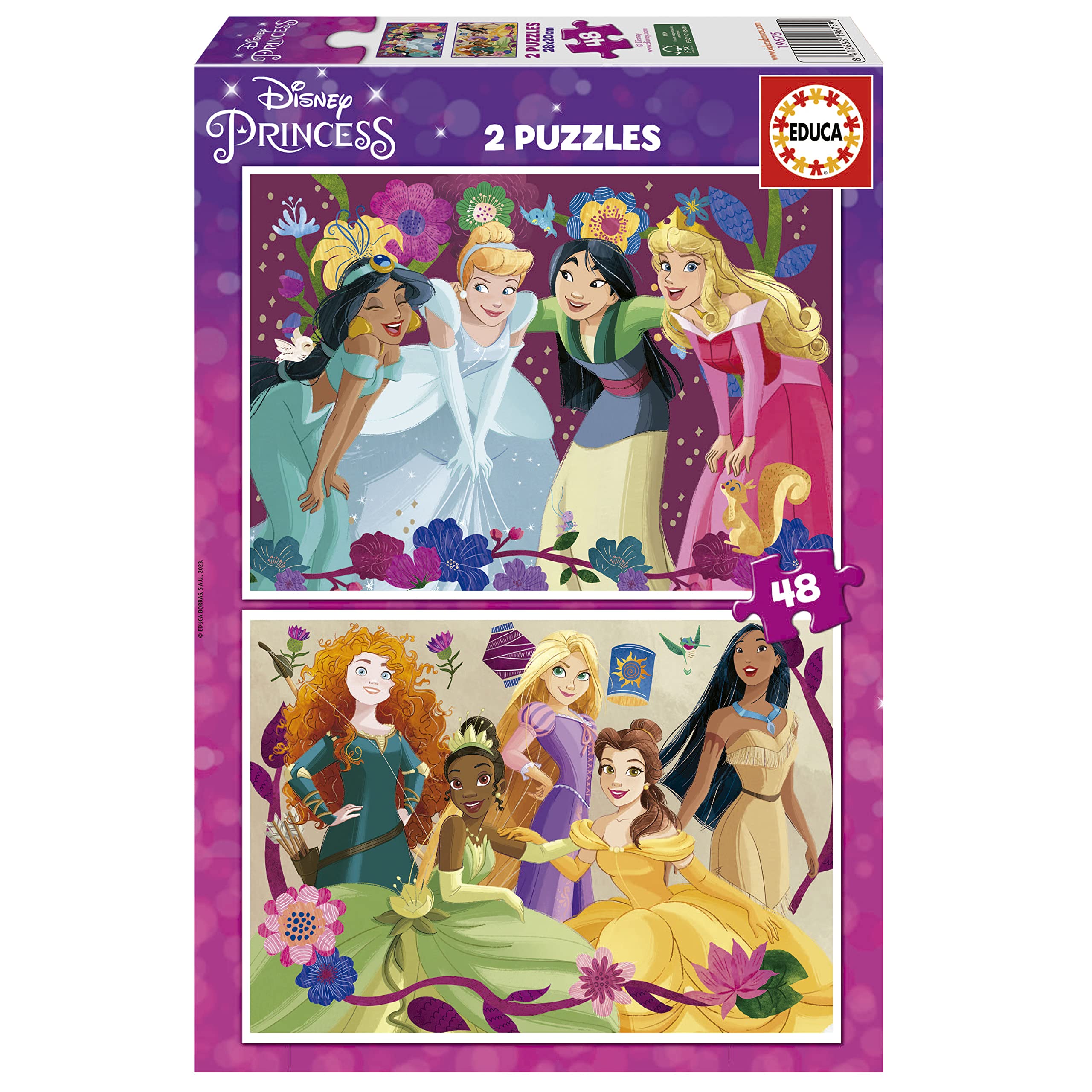 Educa - Kinderpuzzle Disney Princess | 2x48 Teile Puzzleset | Rapunzel, Mulan, Belle, Prinzessinnen | ab 4 Jahren (19675)
