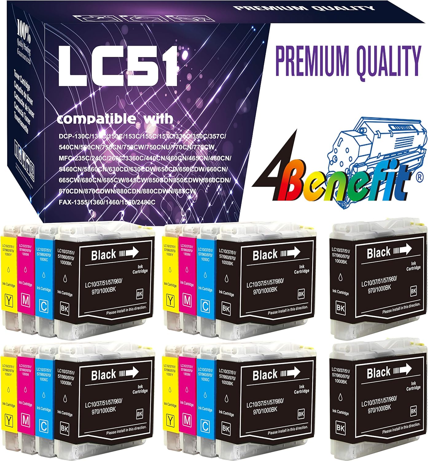 18 Pack. Compatible Cartridges For Brother LC-51. Includes Cartridges for 6 ea LC-51 Black + 4ea LC-51 Cyan + 4ea LC-51 Magenta + 4ea LC-51 Yellow.