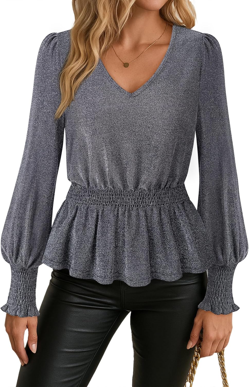 Lotusmile Women's Sparkly Peplum Tops Dressy Puff Long Sleeve Blouses with Smocked Cuffs for Fall & Winter - Image 2