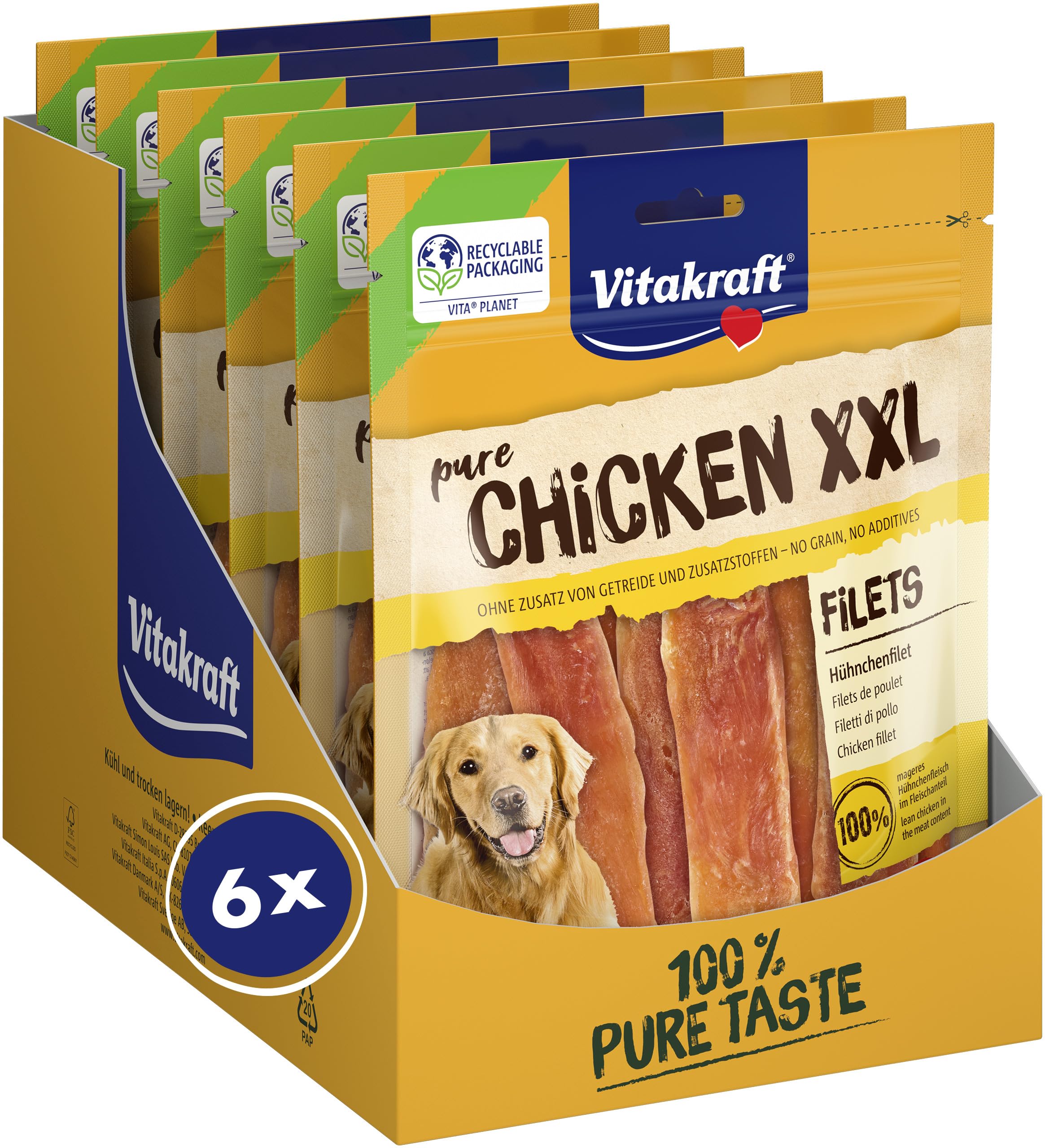 Vitakraft Pure Chicken XXL Filets, Hundeleckerli, Hühnchenfilet, Hunde Trainingsleckerli, ohne Zusatz von Zucker (6x 250g)