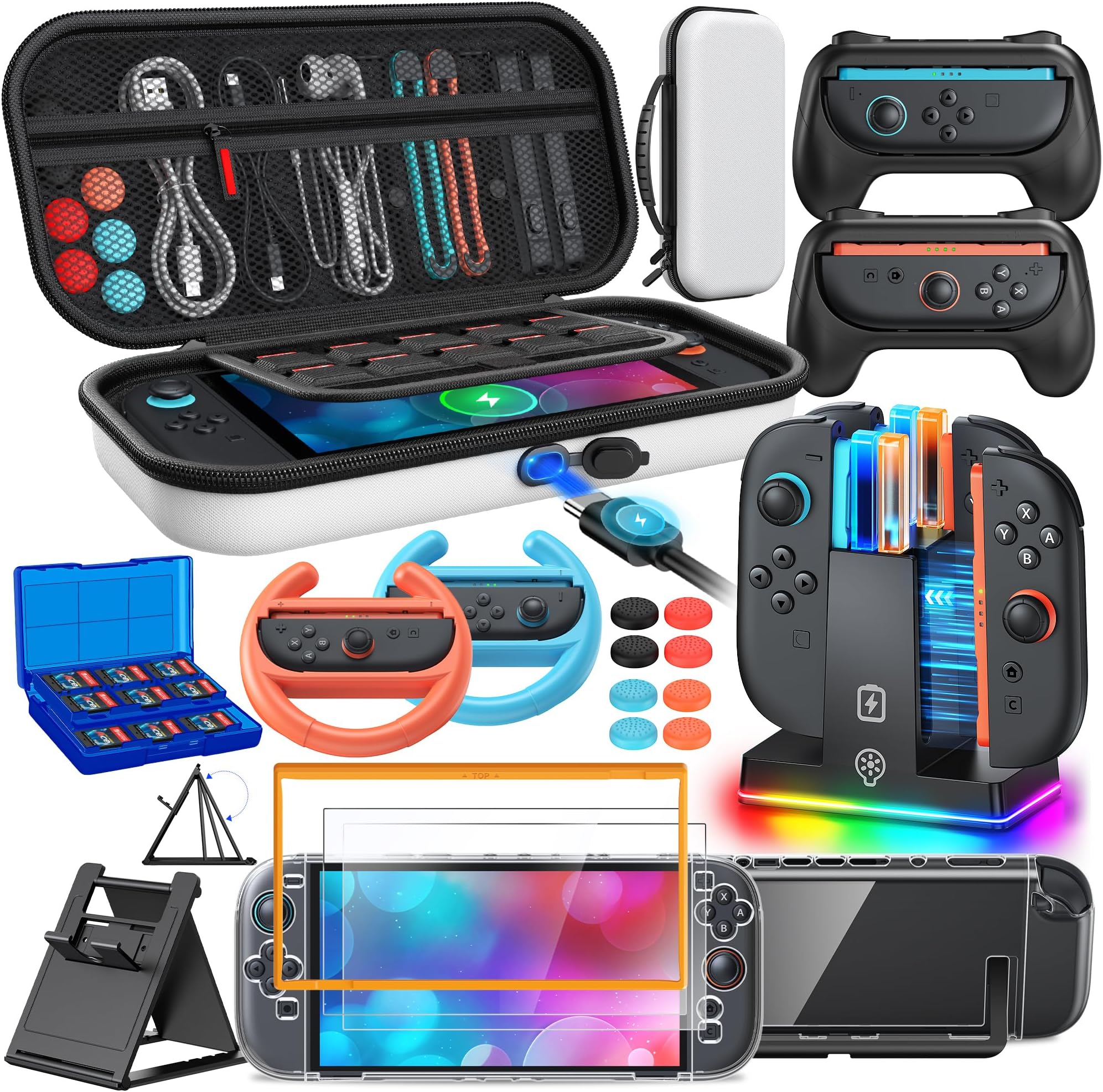 Switch 2 Accessories Case Bundle for Switch 2 2025 Console,FYOUNG 23 IN 1 Kit:Carrying Case,Controller Charger,Protective Shell,Grip for Joycon,Steering Wheel (White)