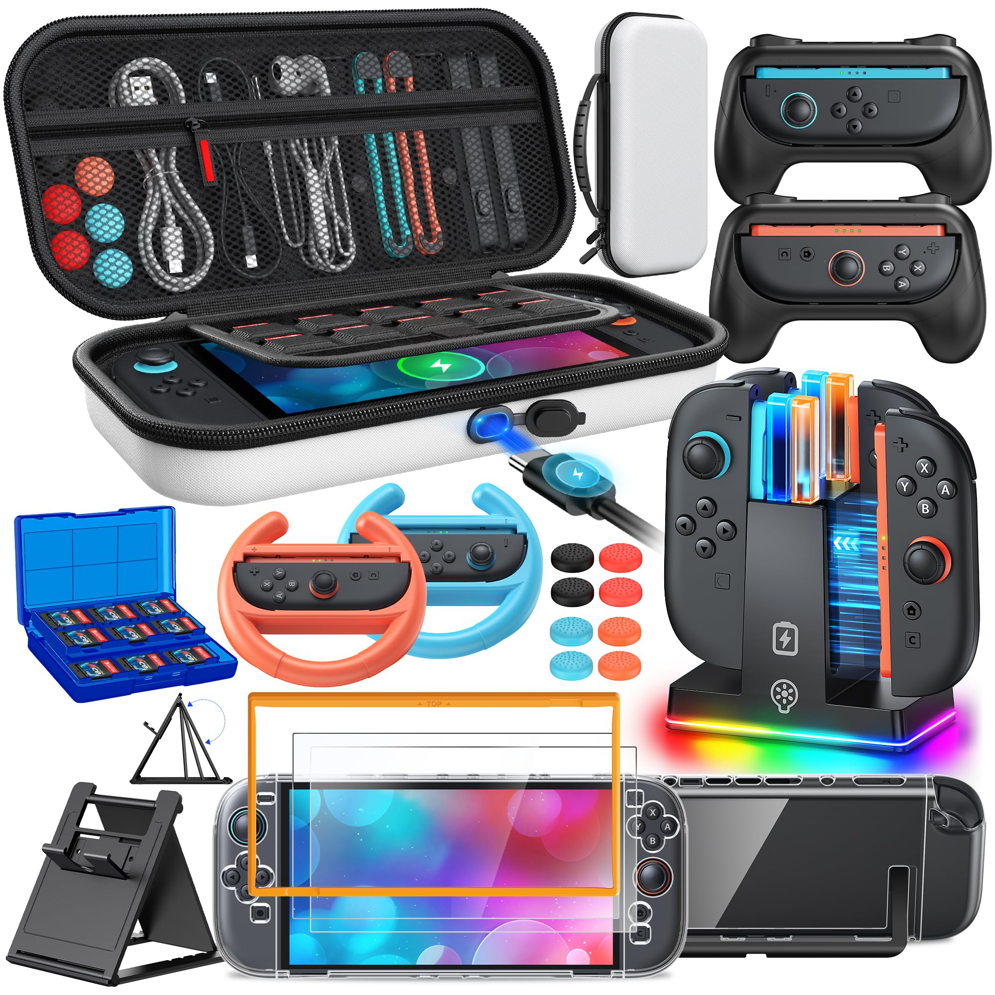 Switch 2 Accessories Case Bundle for Switch 2 2025 Console,FYOUNG 23 IN 1 Kit:Carrying Case,Controller Charger,Protective Shell,Grip for Joycon,Steering Wheel (White)